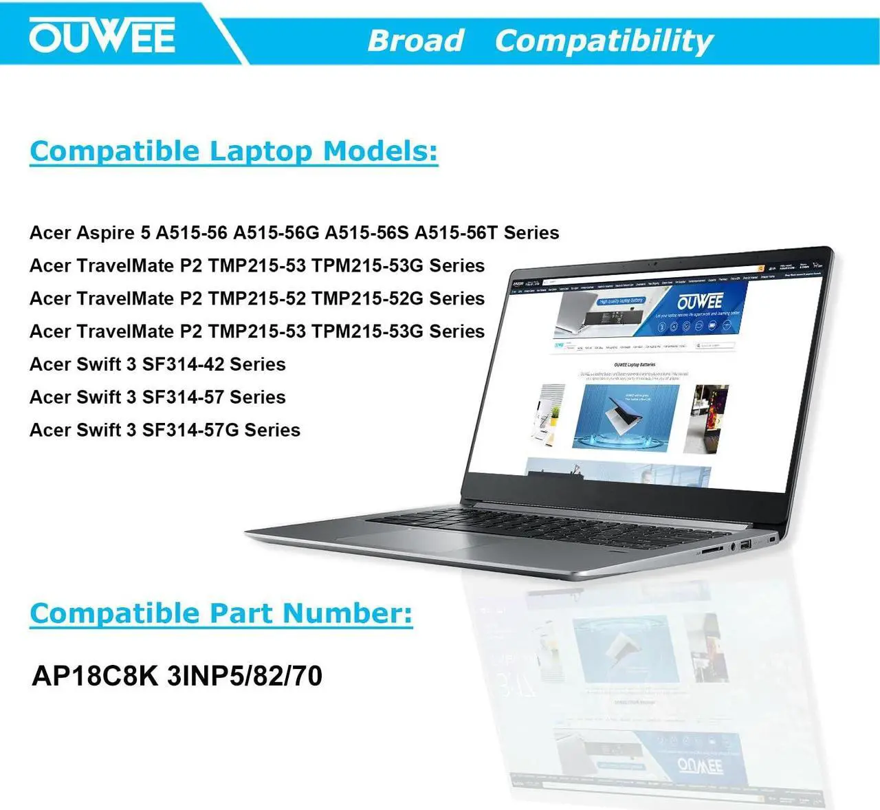 Alt view image 5 of 5 - OUWEE AP18C4K Laptop Battery Compatible with ACER Aspire 5 A515-43 Spin 3 SP314-54N Series Notebook 11.4V 4200mAh 48Wh