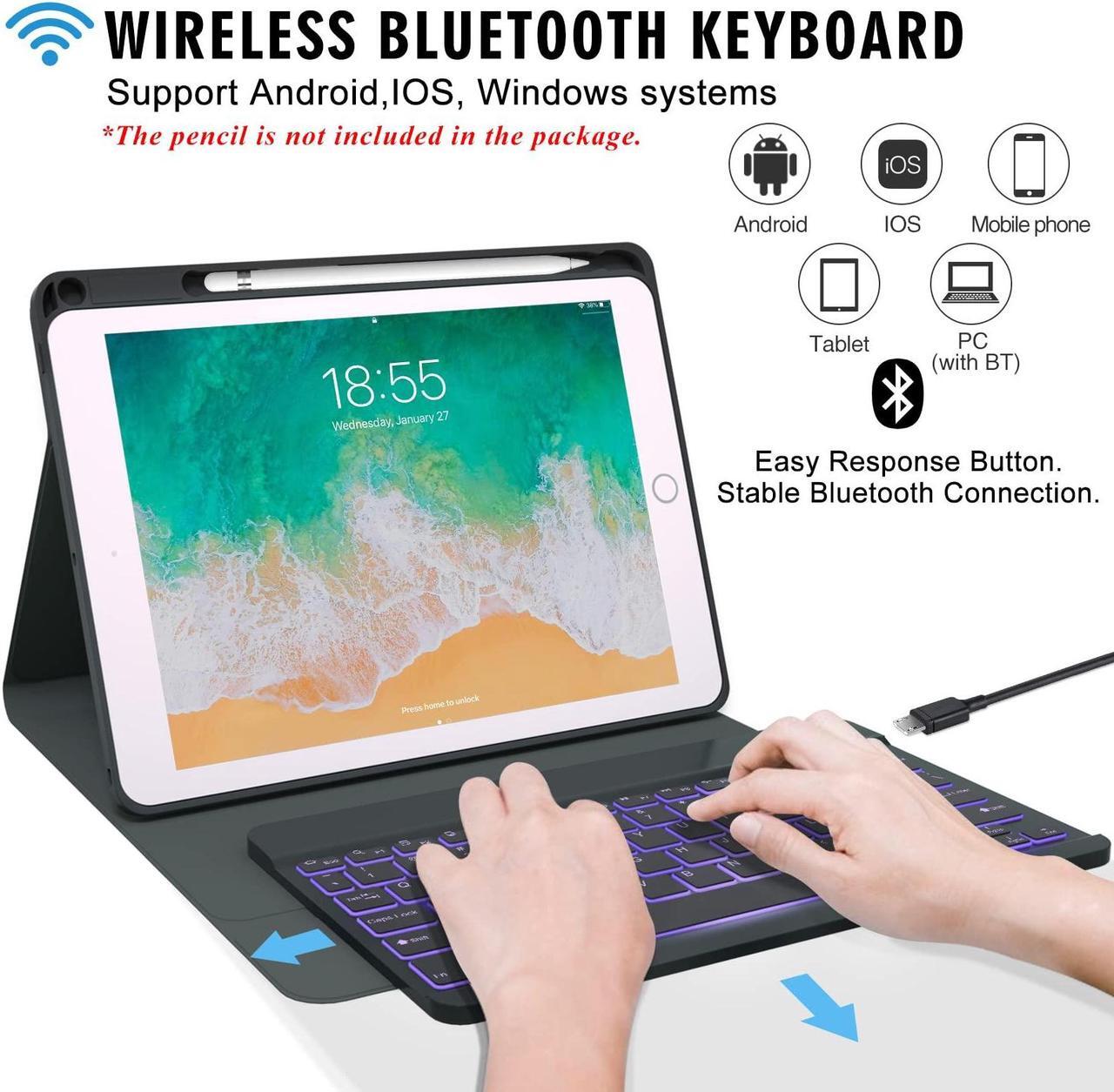 Alt view image 3 of 5 - Keyboard case for iPad 5th/6th Generation 2017/2018, 9.7 Inch iPad Air 2 Case with Keyboard, Removable Wireless Backlit Keyboard Detachable, Folio Smart Cover, Tablet Case with Pencil Holder(Black)