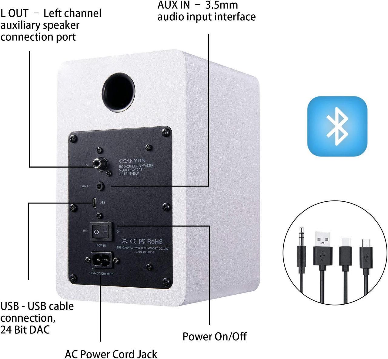 Alt view image 4 of 5 - Sanyun SW208 3" Active Bluetooth 5.0 Bookshelf Speakers - 60W Carbon Fiber Speaker Unit - Built-in 24bit DAC Dynamic 3D Surround Sound 2.0 Computer PC Monitor Gaming (Pair, White)