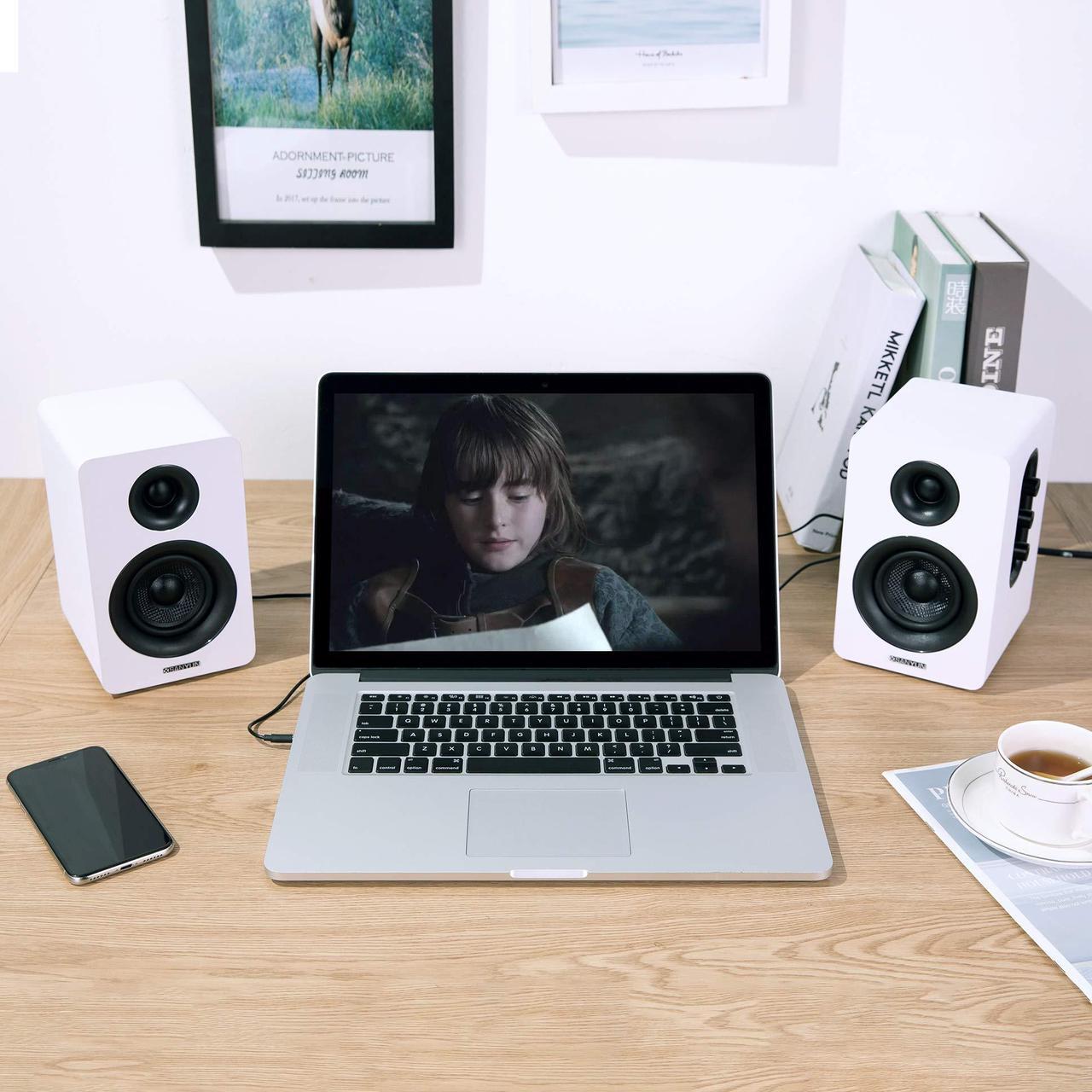 Alt view image 5 of 5 - Sanyun SW208 3" Active Bluetooth 5.0 Bookshelf Speakers - 60W Carbon Fiber Speaker Unit - Built-in 24bit DAC Dynamic 3D Surround Sound 2.0 Computer PC Monitor Gaming (Pair, White)