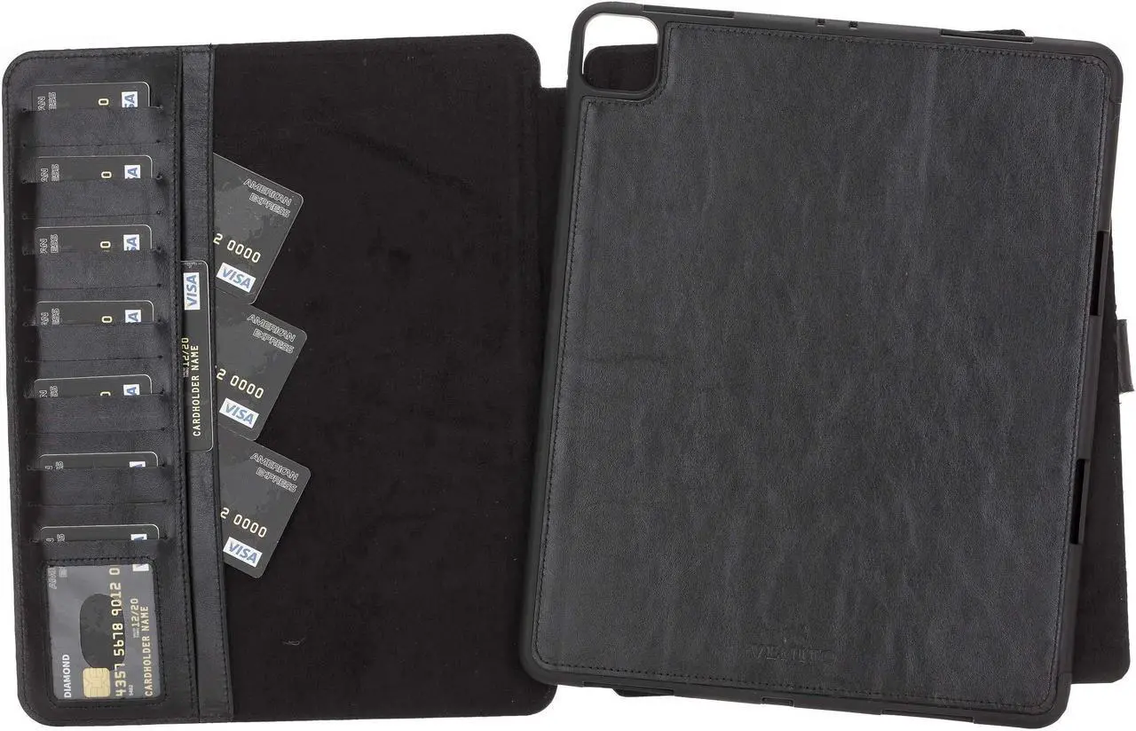 Main image of VENITO Parma Premium Leather Case for iPad Pro 12.9 Inch 5th/4th Generation with Pencil Holder, Handmade, Kickstand, Detachable Wallet, Full-Grain Leather, Compatible with Apple Pencil, Rustic Black