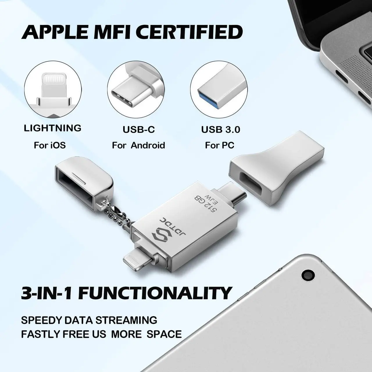 Alt view image 2 of 5 - 512GB Apple MFi Certified iPhone-Photo-Stick, 3 in 1 USB3.0 iOS-Flash-Drive, Photo-Stick-for-iPhone, iPhoto Memory-Stick Thumb Drives for iPhone Backup Memory Stick for iPhone, iPad, Type-C Phone, PC