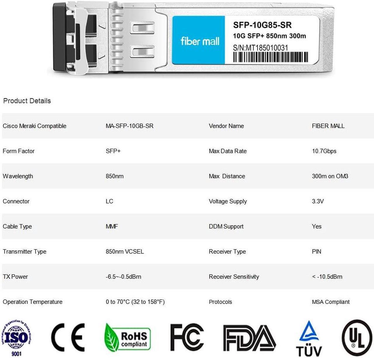 Alt view image 3 of 5 - 10G SFP SR for Cisco Meraki MA-SFP-10GB-SR 10GBASE-SR SFP+ 850nm 300m MMF DOM Transceiver Module Pack of 10