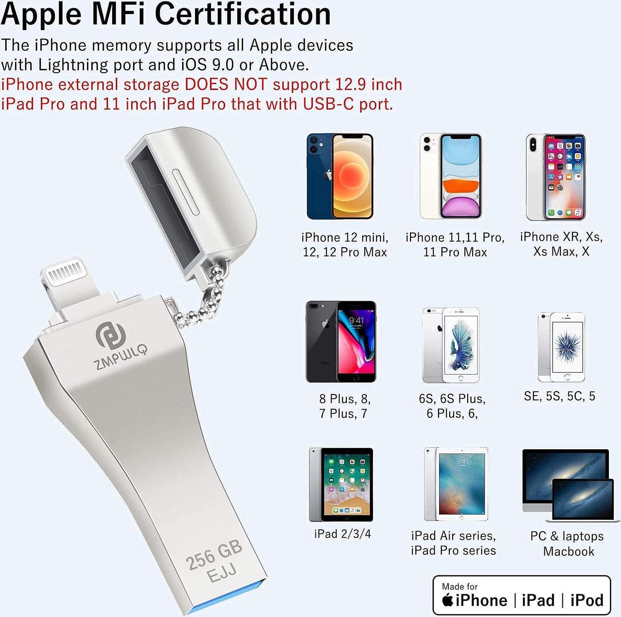 Alt view image 2 of 5 - PL ZMPWLQ iPhone-Photo-Stick 256GB+512GB iOS MFi iPhone-Thumb-Drive External-iPhone-Storage USB-Flash-Drive-for-iPhone Backup Storage iPad Photo Storage Device Memory Stick for iPhone iPad PC