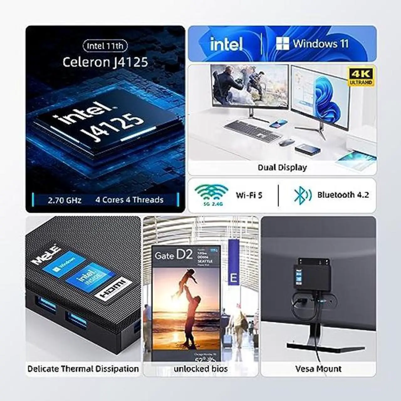 MeLE Quieter2Q Fanless Mini PC Windows 11 Pro Celeron J4125 8GB 128GB ...