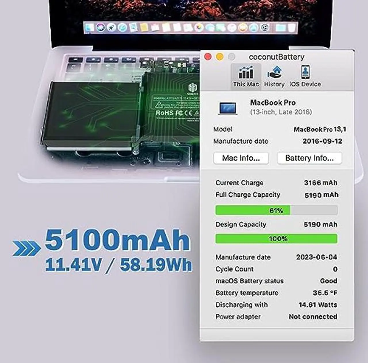 Alt view image 2 of 5 - MacBook Pro A1708 Battery A1713 for MacBook Pro 13 Inch A1708 Late 2016 Mid 2017 (EMC 2978 3164), A2171 Laptop Replacement Battery for MacBook Pro 13 Inch A2159 (2019) A2289 (2020) A2338 (2020)