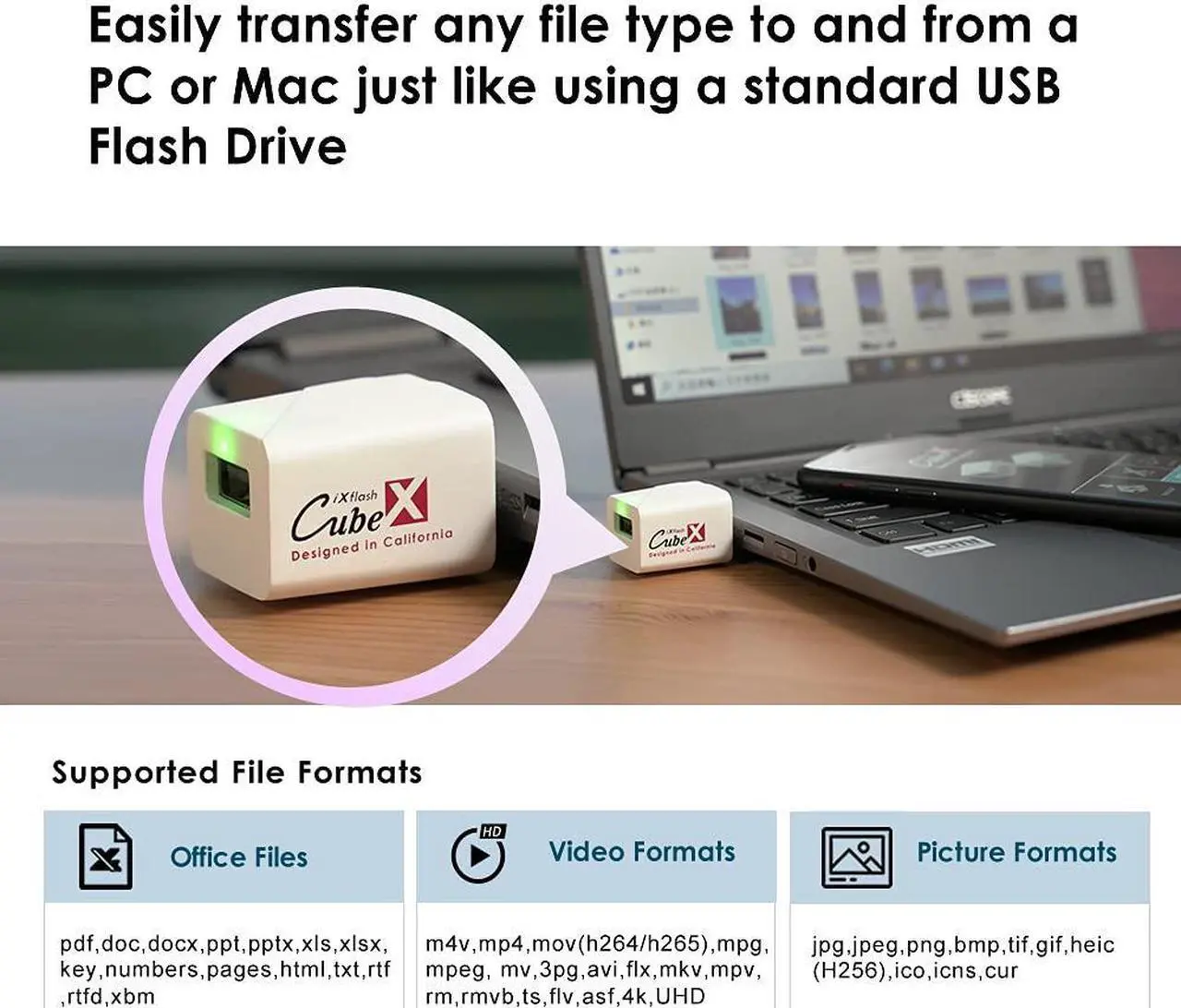 Main image of PioData iXflash Cube 256GB Photo Storage Device Apple MFi Certified USB Type A for iPhone & iPad, Auto Backup Photos & Videos