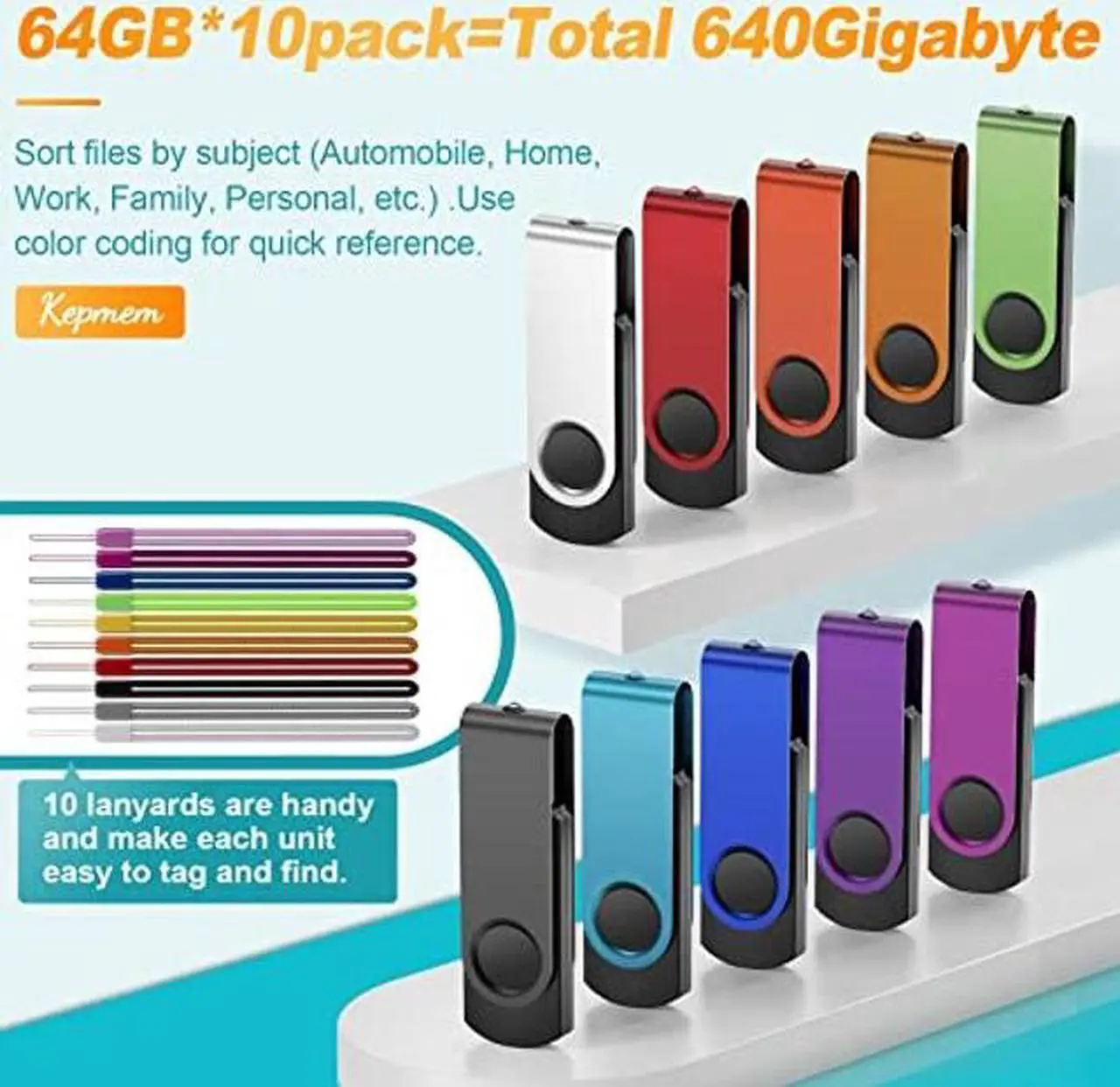Alt view image 2 of 5 - Flash Drive 64GB Pack of 10 Thumb Drives Bulk Kepmem 64 Giga USB Drives Value Metal USB 2.0 Memory Sticks Swivel Pen Drive 64 GB, Portable Jump Drive Colorful Multipack Zip Drives for Data Storage