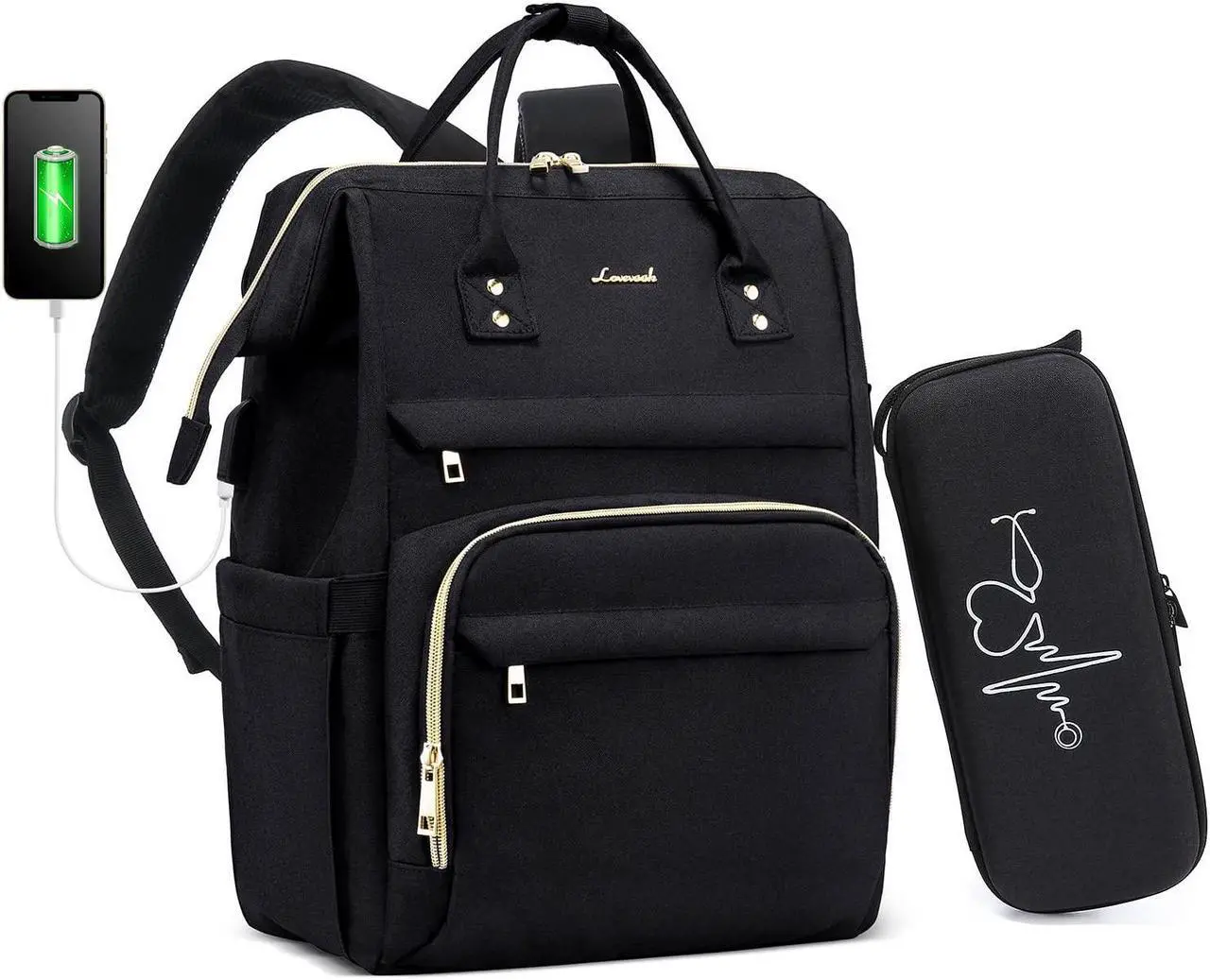 Main image of LOVEVOOK Nurse Backpack Laptop Backpack for Women with Stethoscope Case & USB Charging Port Anti Theft Travel Backpacks Doctor Bag Fits 15.6 Inch Laptop and Notebook, Black