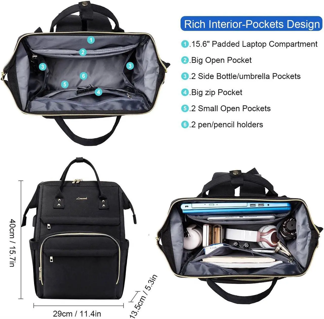 Alt view image 2 of 5 - LOVEVOOK Nurse Backpack Laptop Backpack for Women with Stethoscope Case & USB Charging Port Anti Theft Travel Backpacks Doctor Bag Fits 15.6 Inch Laptop and Notebook, Black