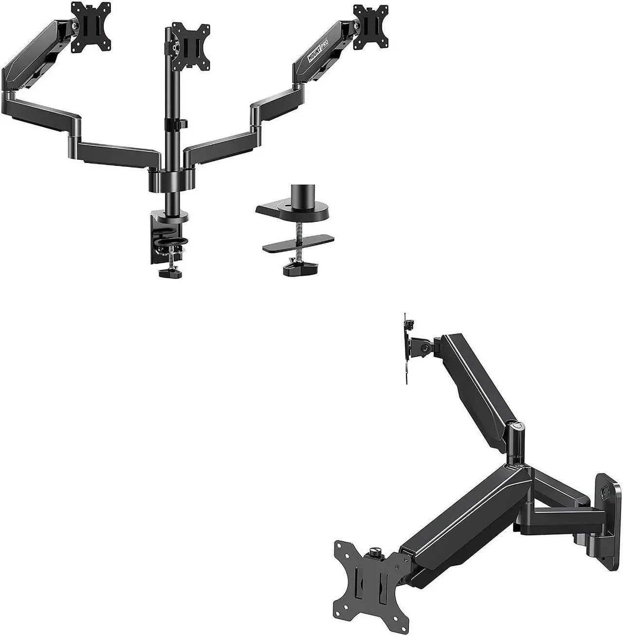 Main image of MOUNT PRO Triple Monitor Desk Mount Fit 13-27 Computer Screens and Dual Monitor Wall Mount Fit 13-32 Inch Computer Screens, Each Monitor Arm Holds up to 17.6 lbs, VASE Monitor Mount 75x75, 100x100
