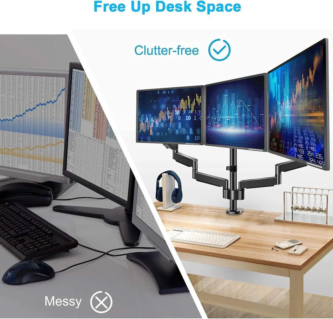Alt view image 2 of 5 - MOUNT PRO Triple Monitor Desk Mount Fit 13-27 Computer Screens and Dual Monitor Wall Mount Fit 13-32 Inch Computer Screens, Each Monitor Arm Holds up to 17.6 lbs, VASE Monitor Mount 75x75, 100x100