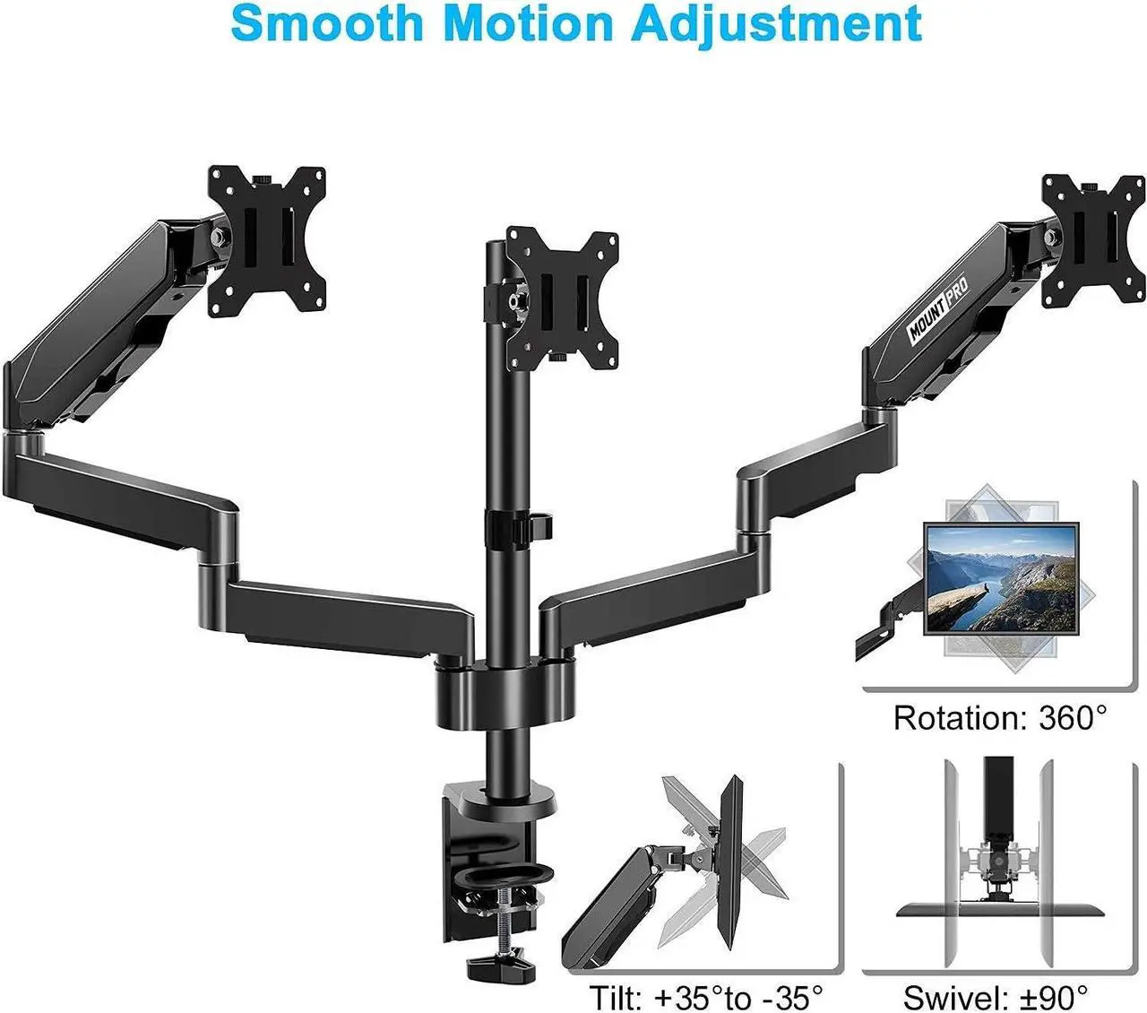 Alt view image 3 of 5 - MOUNT PRO Triple Monitor Desk Mount Fit 13-27 Computer Screens and Dual Monitor Wall Mount Fit 13-32 Inch Computer Screens, Each Monitor Arm Holds up to 17.6 lbs, VASE Monitor Mount 75x75, 100x100