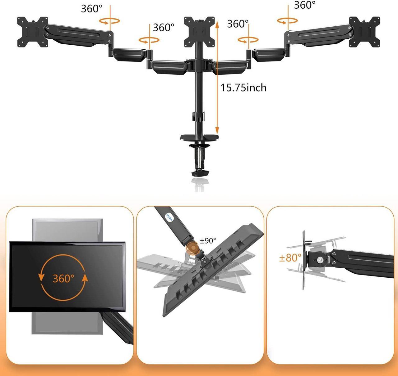 Alt view image 4 of 5 - Pholiten Triple Monitor Stand,Triple Monitor Mount,Triple Gas Spring Monitor Arm,Monitor Stands for 3 Monitors,3 Monitor Desk Mount, Fits Three 17-32 inch LCD Computer Screens,Holds up to 22lb
