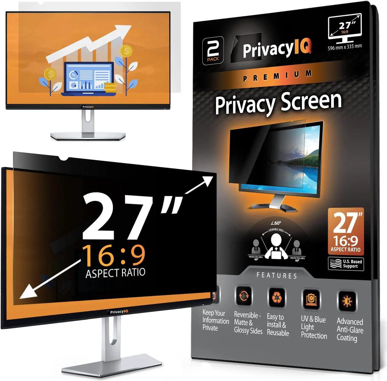 Main image of Privacy IQ 27" Inch 16:9 (2 Pack) Monitor Privacy Screen-Filter for 60 Degree Privacy, Advanced Anti-Glare, UV Light Reduction & Blue Light Filter