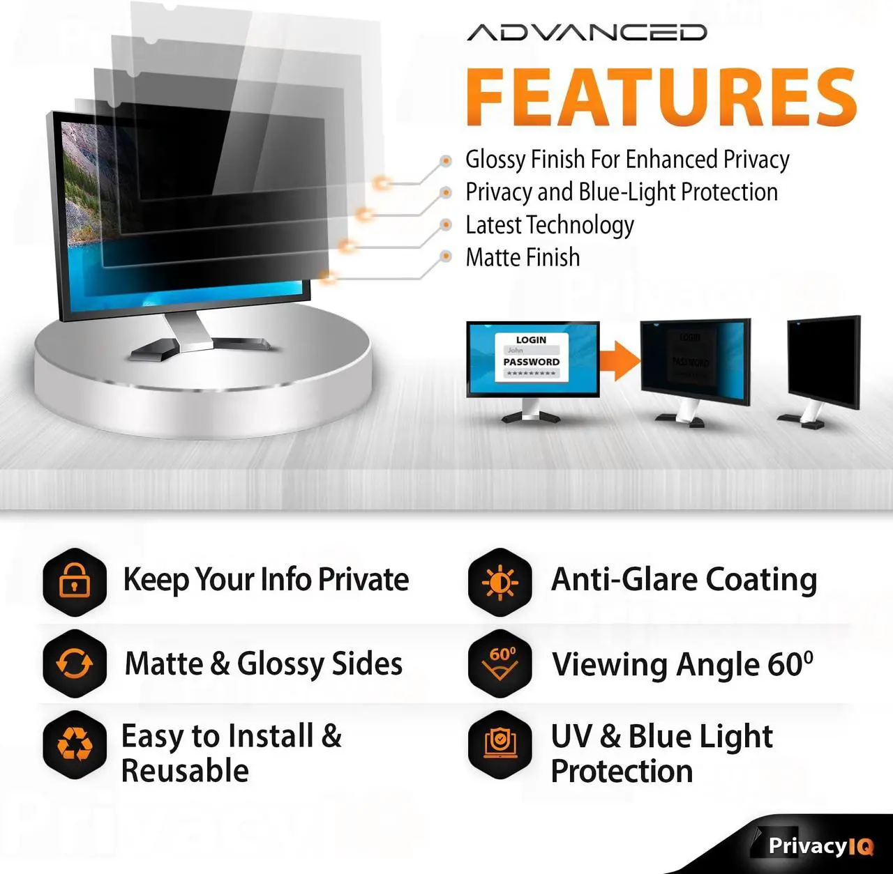 Alt view image 5 of 5 - Privacy IQ 27" Inch 16:9 (2 Pack) Monitor Privacy Screen-Filter for 60 Degree Privacy, Advanced Anti-Glare, UV Light Reduction & Blue Light Filter