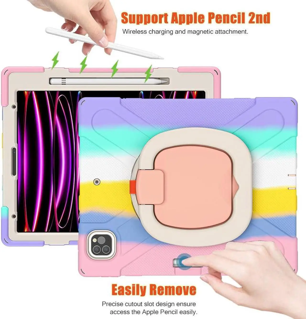 Alt view image 2 of 5 - SCSVPN iPad Pro 12.9 Kids Case 6th/5th/4th/3rd Generation 2022 2021 2020 2018 with Pencil Holder/Rotating Stand/Handle Strap, Rugged Silicone Protective Cover for 12.9 inch iPad Pro (Colorful Pink)