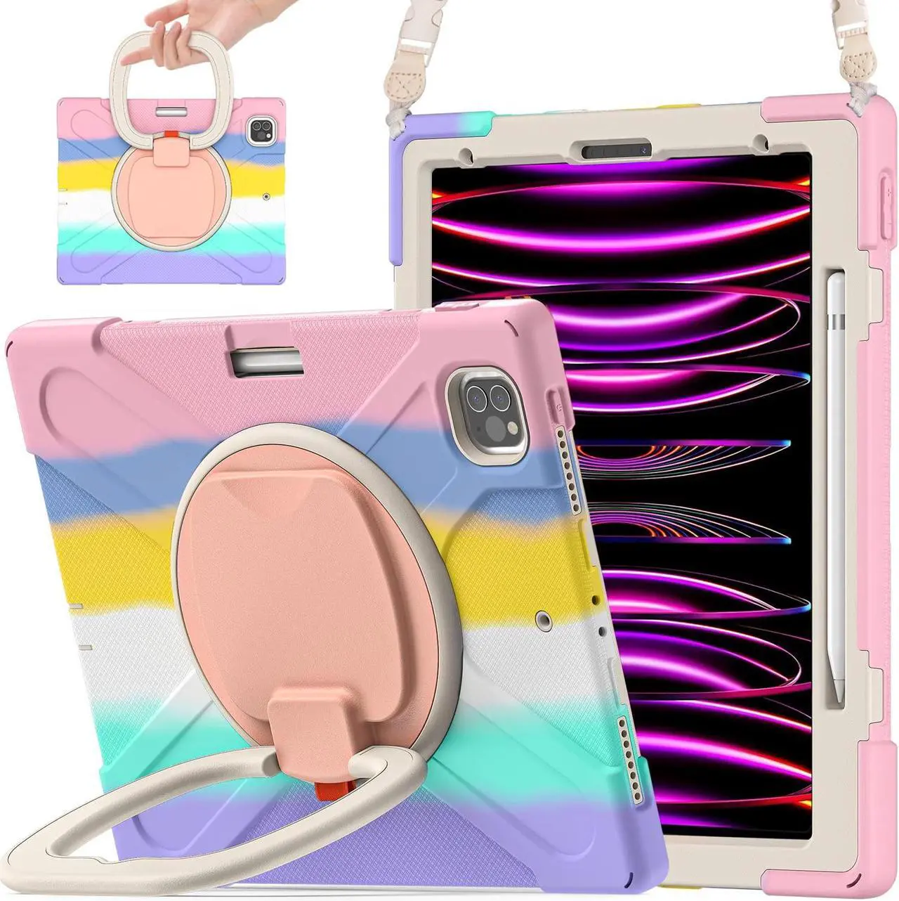 Main image of SCSVPN iPad Pro 12.9 Kids Case 6th/5th/4th/3rd Generation 2022 2021 2020 2018 with Pencil Holder/Rotating Stand/Handle Strap, Rugged Silicone Protective Cover for 12.9 inch iPad Pro (Colorful Pink)