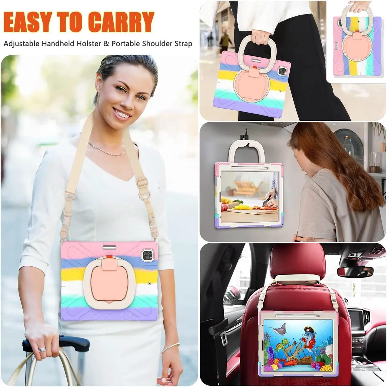 Alt view image 4 of 5 - SCSVPN iPad Pro 12.9 Kids Case 6th/5th/4th/3rd Generation 2022 2021 2020 2018 with Pencil Holder/Rotating Stand/Handle Strap, Rugged Silicone Protective Cover for 12.9 inch iPad Pro (Colorful Pink)