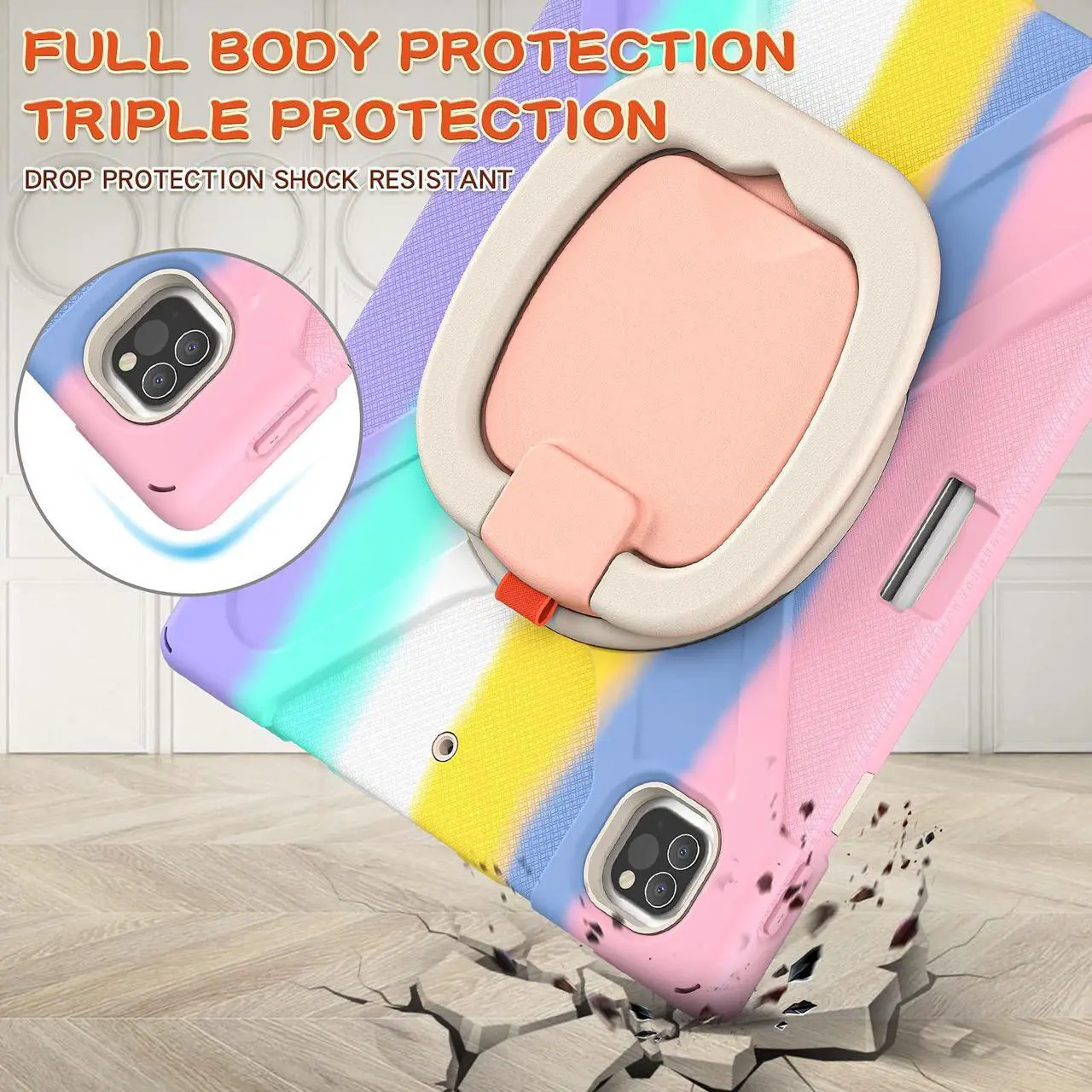 Alt view image 5 of 5 - SCSVPN iPad Pro 12.9 Kids Case 6th/5th/4th/3rd Generation 2022 2021 2020 2018 with Pencil Holder/Rotating Stand/Handle Strap, Rugged Silicone Protective Cover for 12.9 inch iPad Pro (Colorful Pink)
