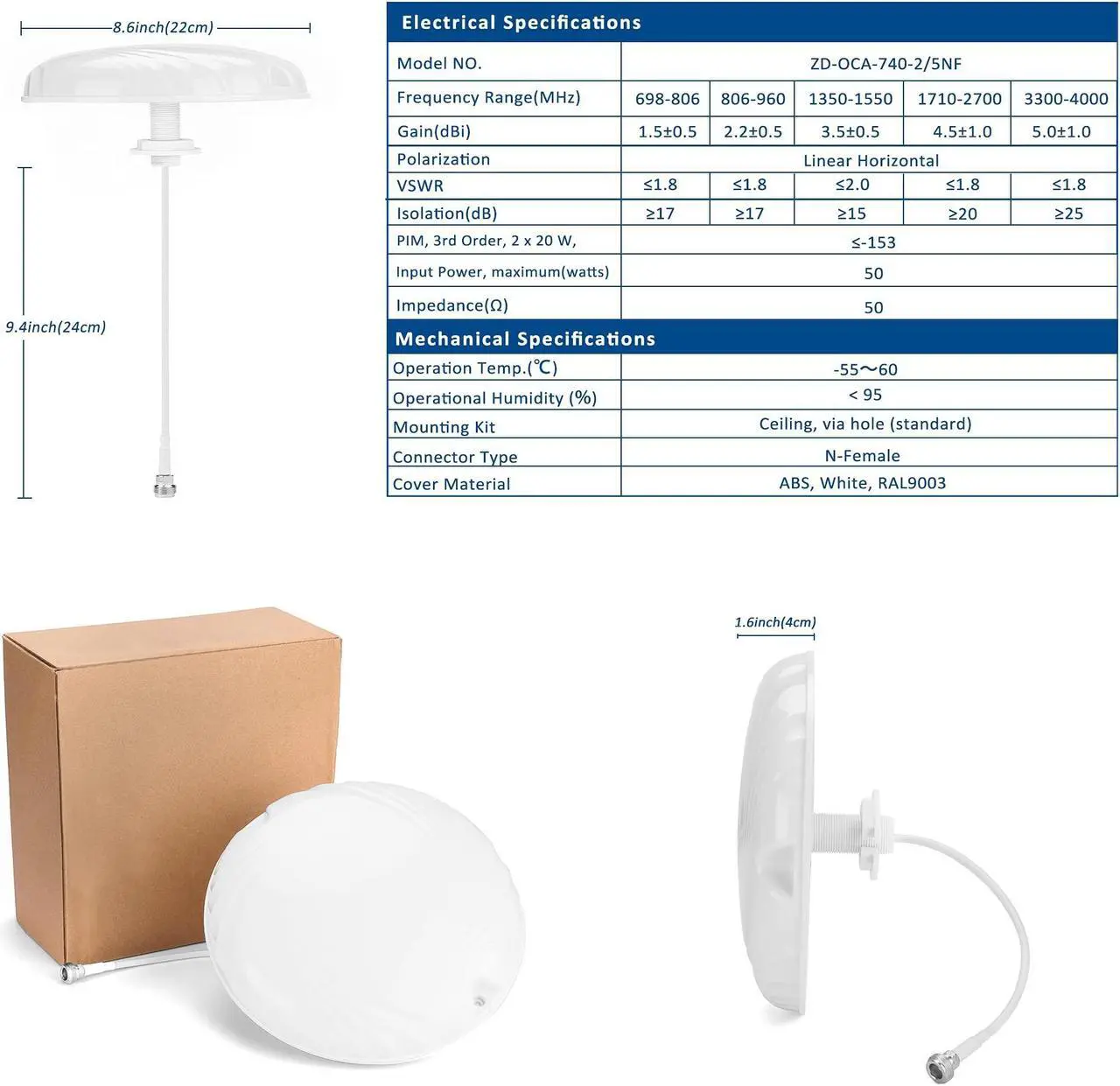 Alt view image 2 of 5 - ZDTECH Ultra Thin Dome Ceiling Antenna, Omni-Directional Indoor Antenna, Wide Band Mount Dome Antenna with N-Female Connector for Cell Phone Signal Booster Router Gateway (698 to 4000 MHz)