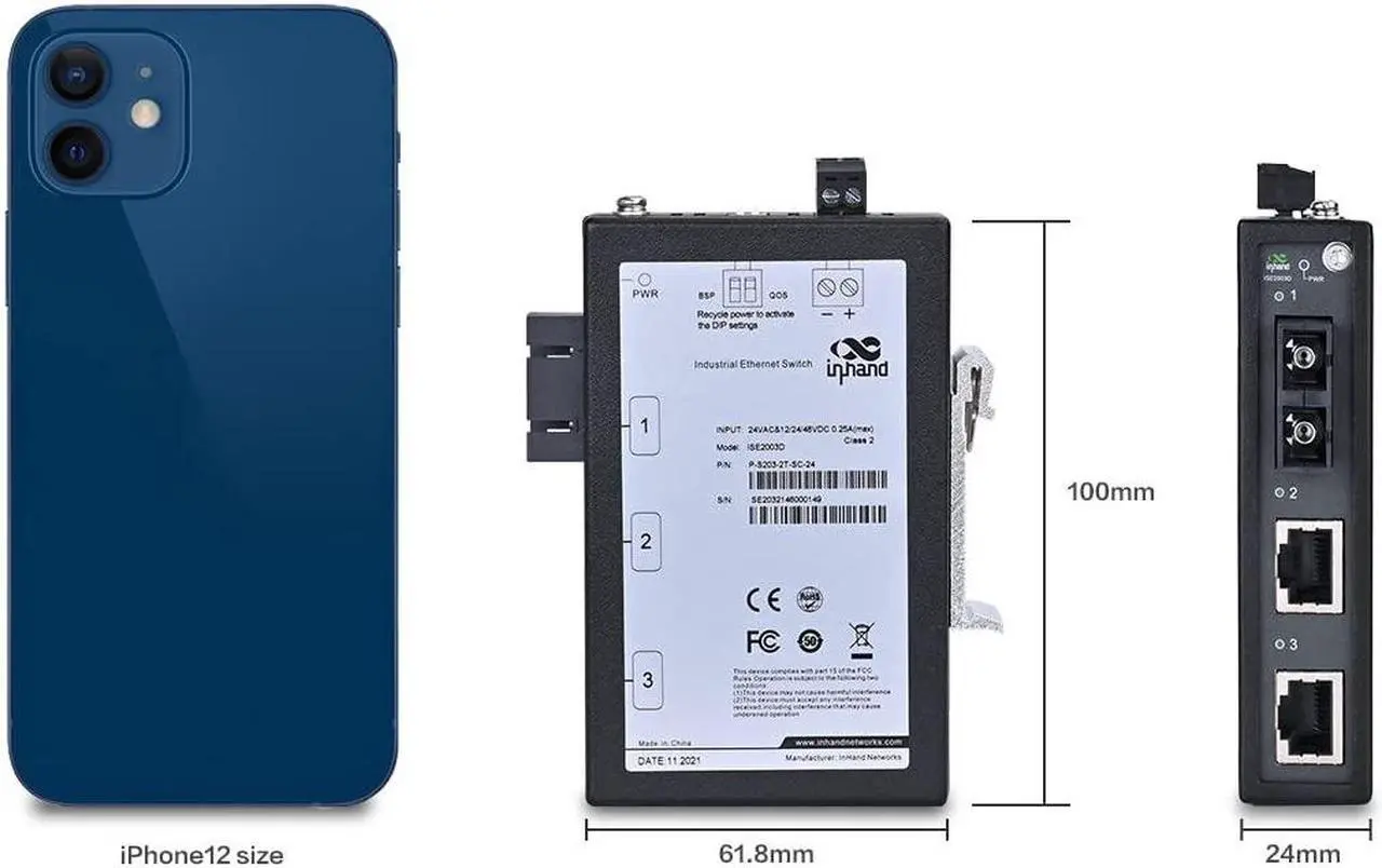 Alt view image 4 of 5 - InHand Networks 3-Port Unmanaged Industrial Ethernet Switch, 2*10/100 Base-T(X), 1*100Base-FX, Multi Mode Dual SC Fiber, 1.6Gbps Switching Capacity, IP30, 2KM, UL Certification