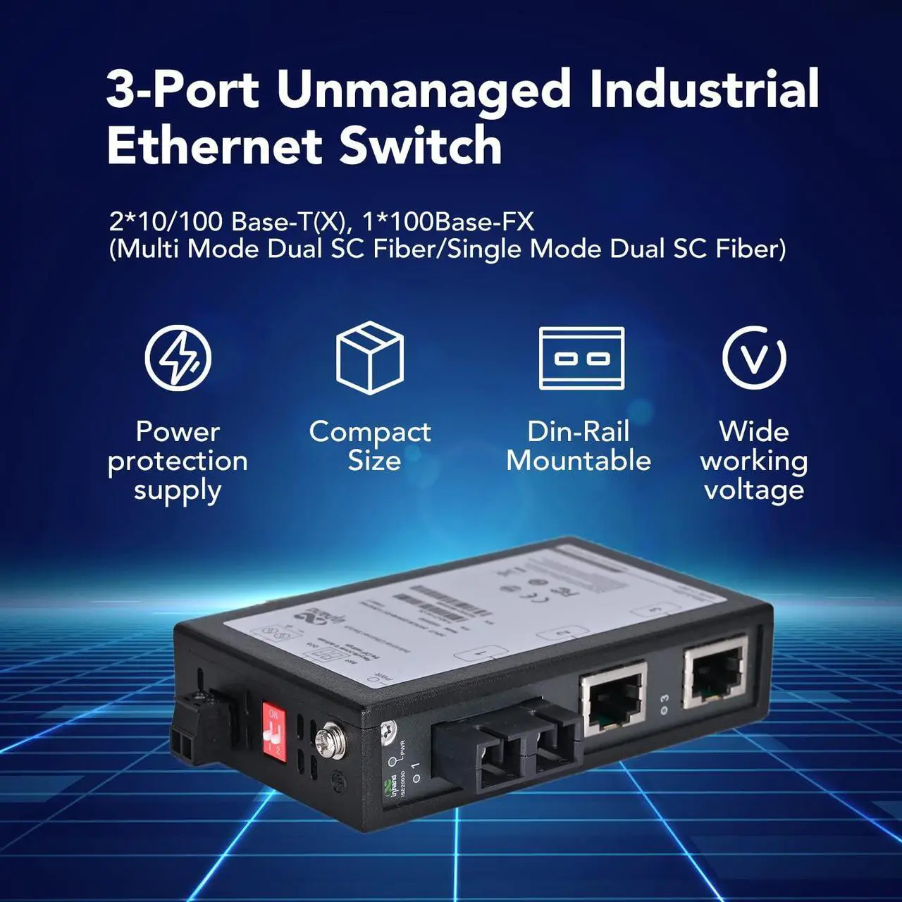 Alt view image 2 of 5 - InHand Networks 3-Port Unmanaged Industrial Ethernet Switch, 2*10/100 Base-T(X), 1*100Base-FX, Multi Mode Dual SC Fiber, 1.6Gbps Switching Capacity, IP30, 2KM, UL Certification