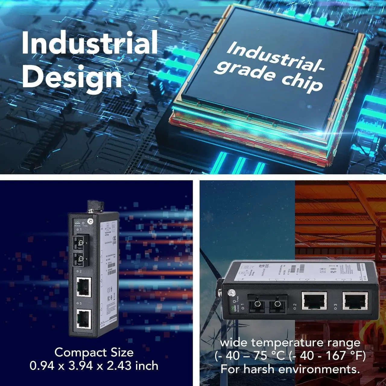 Alt view image 5 of 5 - InHand Networks 3-Port Unmanaged Industrial Ethernet Switch, 2*10/100 Base-T(X), 1*100Base-FX, Multi Mode Dual SC Fiber, 1.6Gbps Switching Capacity, IP30, 2KM, UL Certification