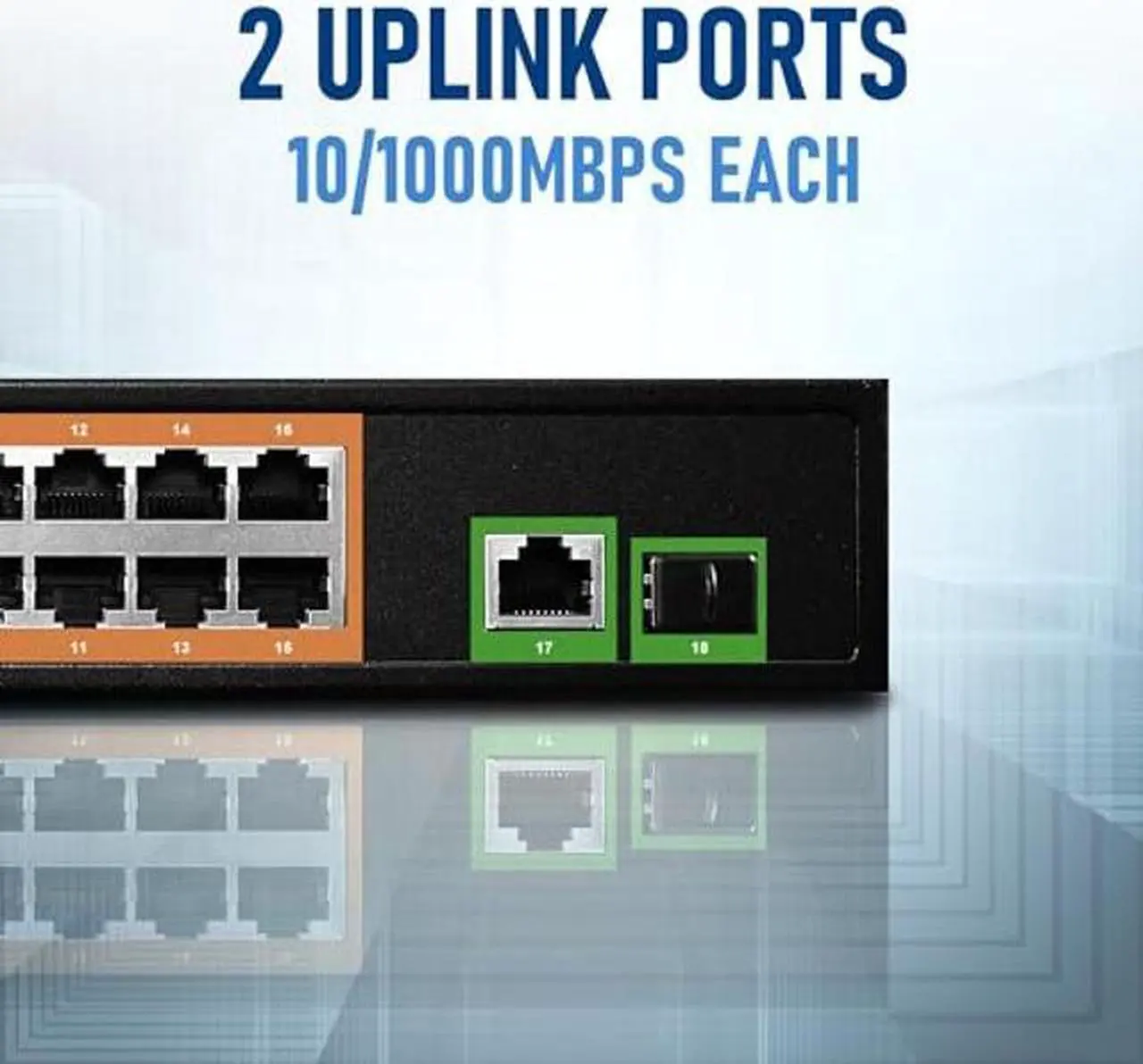 Alt view image 3 of 5 - BV-Tech 18 Ports Long Range PoE+ Switch (16 PoE+ Ports | 2 Gigabit Ethernet uplink) - 19" Rackmount - 120W - 802.3af/at -Desktop Design for Easy Set Up... (16 Gigabit PoE+ Ports | 120W)
