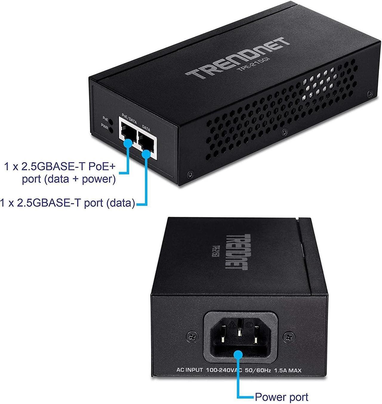 Alt view image 4 of 5 - TRENDnet 2.5G PoE+ Injector, TPE-215GI, PoE (15.4W) or PoE+ (30W), Converts a non-PoE Port to a PoE+ 2.5G Port, 2.5GBASE-T Compliant, Integrated Power Supply, Network a PoE device upto 100m, Black