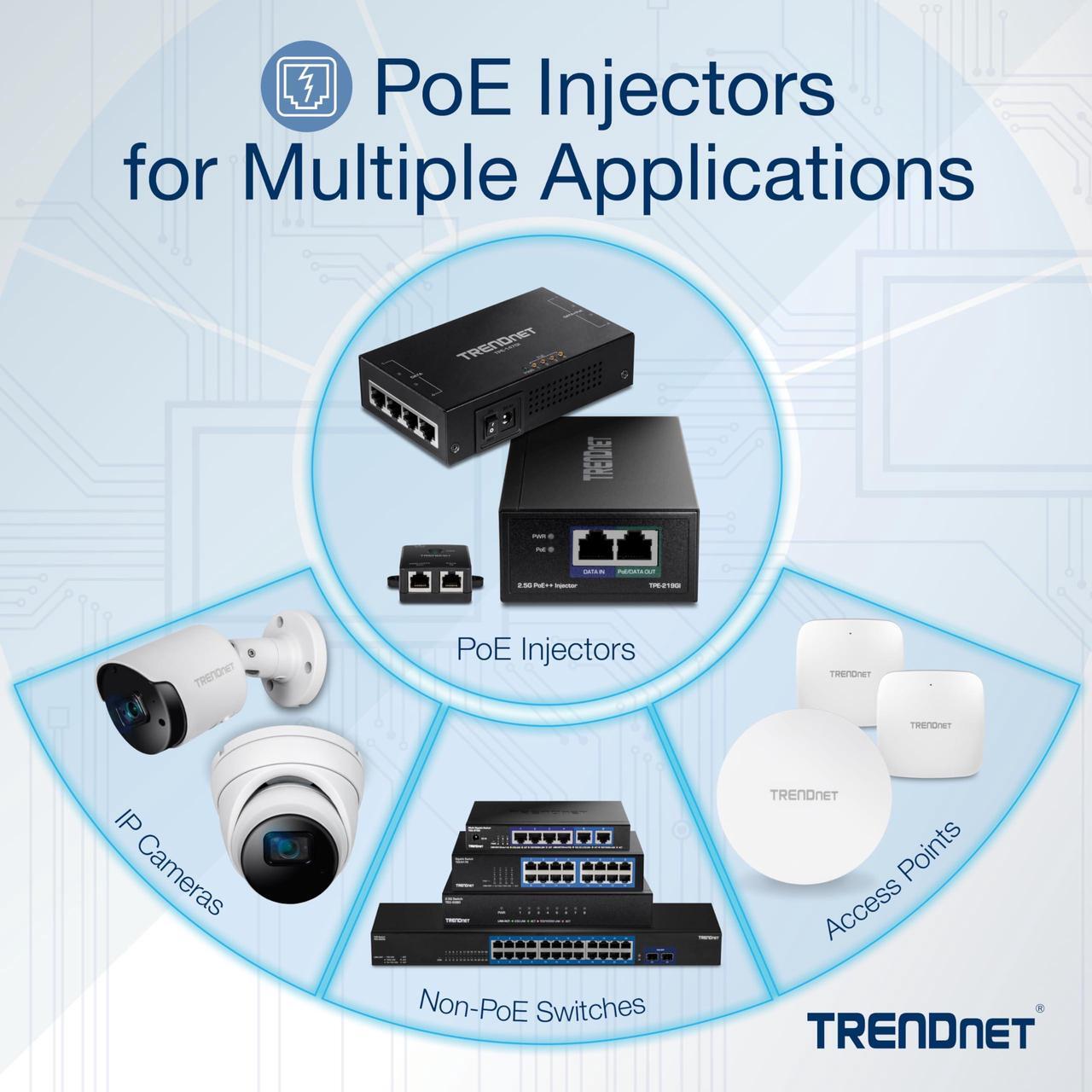 Alt view image 3 of 5 - TRENDnet 2.5G PoE+ Injector, TPE-215GI, PoE (15.4W) or PoE+ (30W), Converts a non-PoE Port to a PoE+ 2.5G Port, 2.5GBASE-T Compliant, Integrated Power Supply, Network a PoE device upto 100m, Black