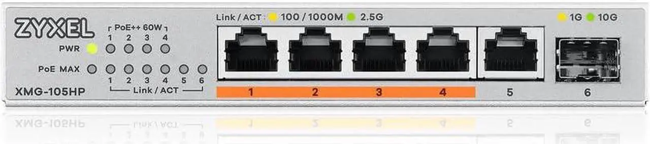 Alt view image 2 of 5 - Zyxel 5-Port PoE 2.5G Multi-Gig Unmanaged Switch @ 70W with 4 x PoE++(60W) | 1 x 10G SFP+ | Desktop or Wall Mount [XMG-105HP]