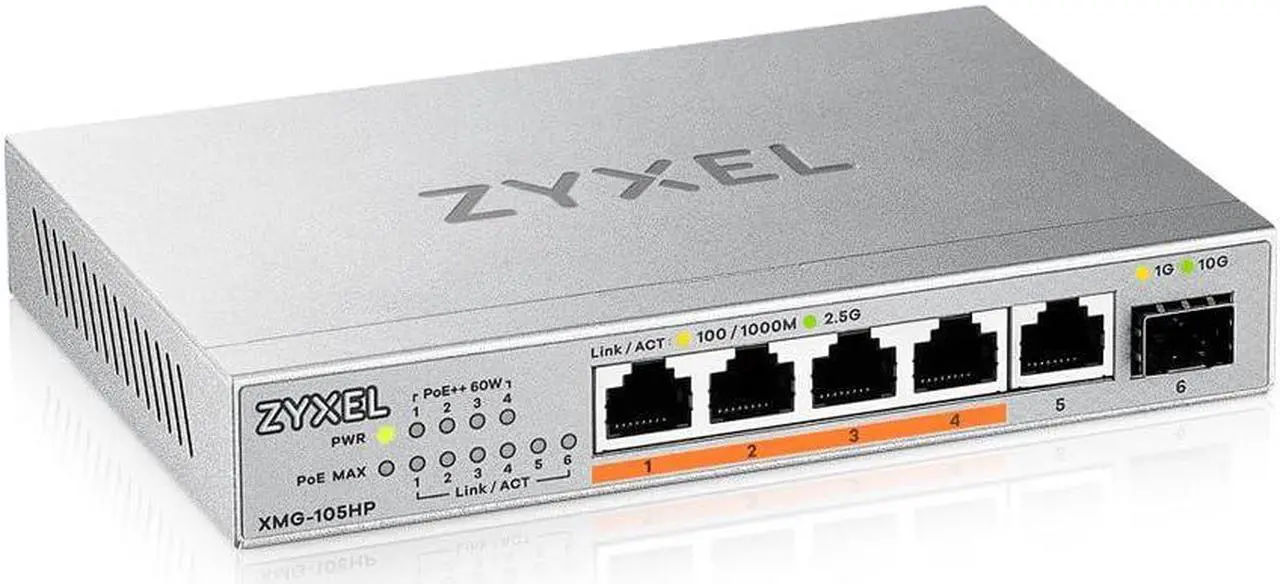 Main image of Zyxel 5-Port PoE 2.5G Multi-Gig Unmanaged Switch @ 70W with 4 x PoE++(60W) | 1 x 10G SFP+ | Desktop or Wall Mount [XMG-105HP]