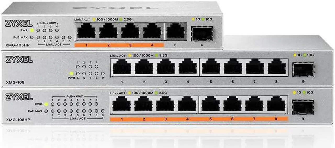 Alt view image 5 of 5 - Zyxel 5-Port PoE 2.5G Multi-Gig Unmanaged Switch @ 70W with 4 x PoE++(60W) | 1 x 10G SFP+ | Desktop or Wall Mount [XMG-105HP]