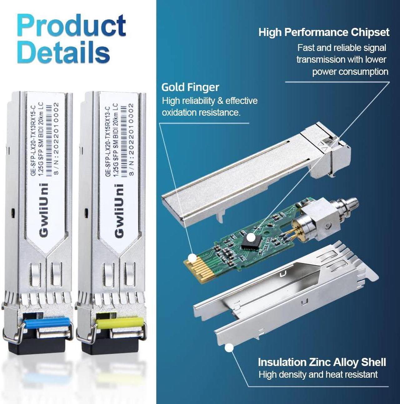 Alt view image 3 of 5 - 5 Pairs 1.25G BIDI SFP Single Mode Fiber Module Network Transceiver, LX SM 1310nm 1550nm 20km, Simplex LC Interface for Switch, Router, Firewall, Network Card, Media Converter etc