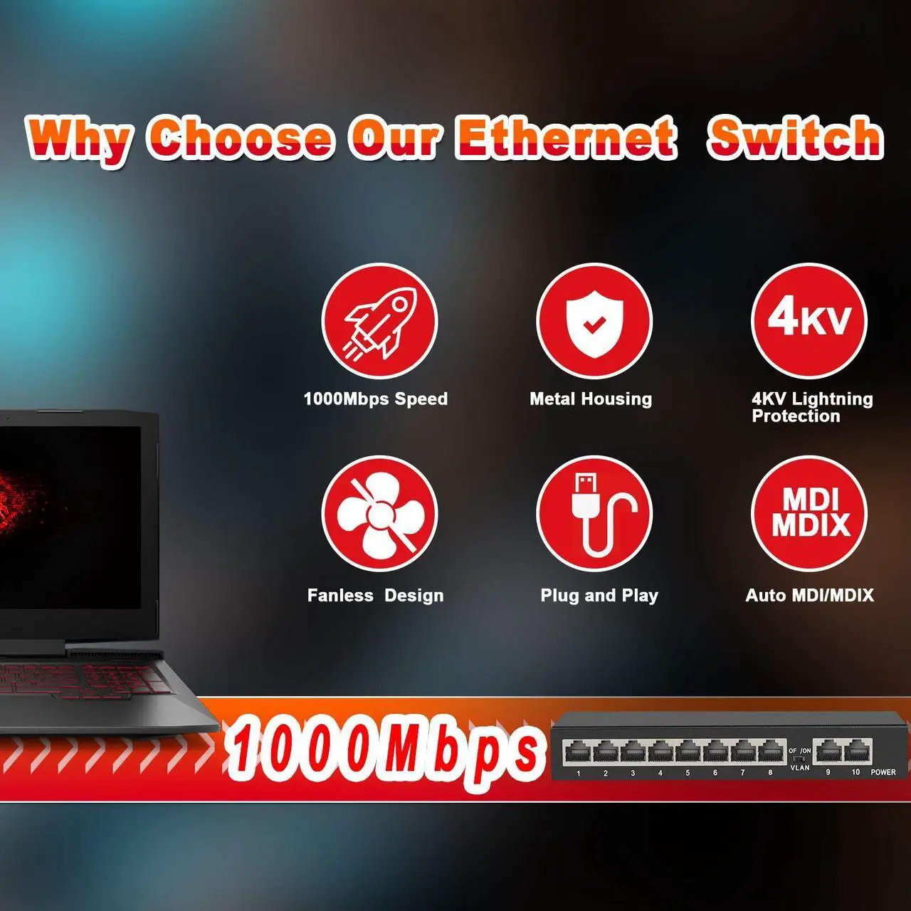 Alt view image 4 of 5 - ienRon 10 Ports Gigabit Ethernet Switch Unmanaged, 8 Gigabit Ports+2 Gigabit Uplink Port, Network Switch,Ethernet Splitter| Plug & Play| Fanless Metal Design| Shielded Ports| Traffic Optimization