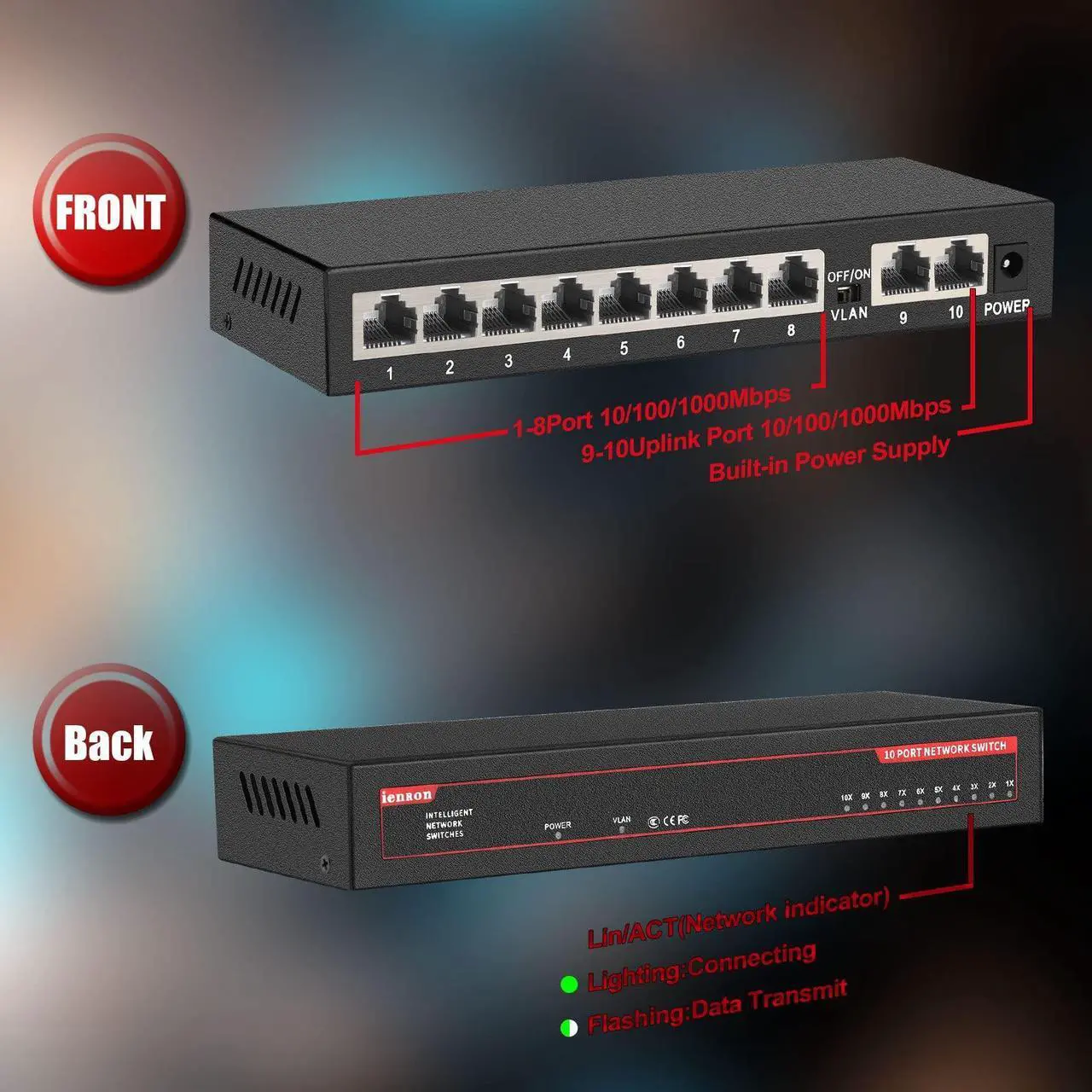 Alt view image 3 of 5 - ienRon 10 Ports Gigabit Ethernet Switch Unmanaged, 8 Gigabit Ports+2 Gigabit Uplink Port, Network Switch,Ethernet Splitter| Plug & Play| Fanless Metal Design| Shielded Ports| Traffic Optimization