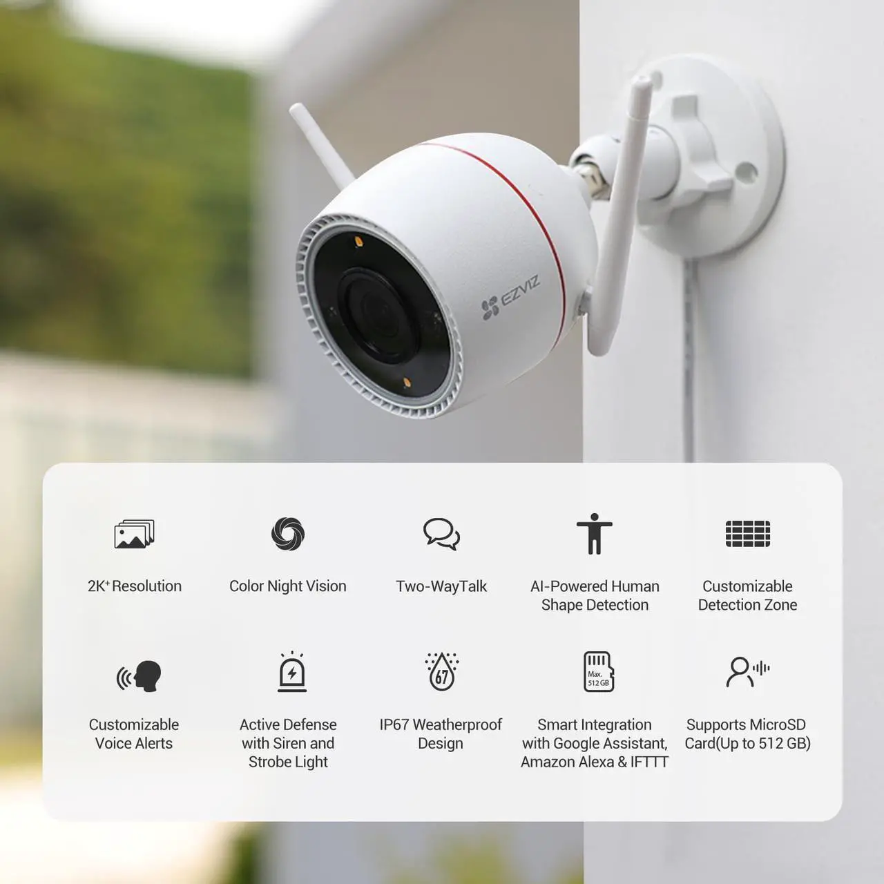 Alt view image 2 of 5 - EZVIZ Two-Way Call 2.5K Outdoor Cameras for Home Security Outside, WiFi Surveillance Camera, No Subscription with Color Night Vision, IP67 Waterproof, Motion Detection, Custom Voice Alerts, Alexa