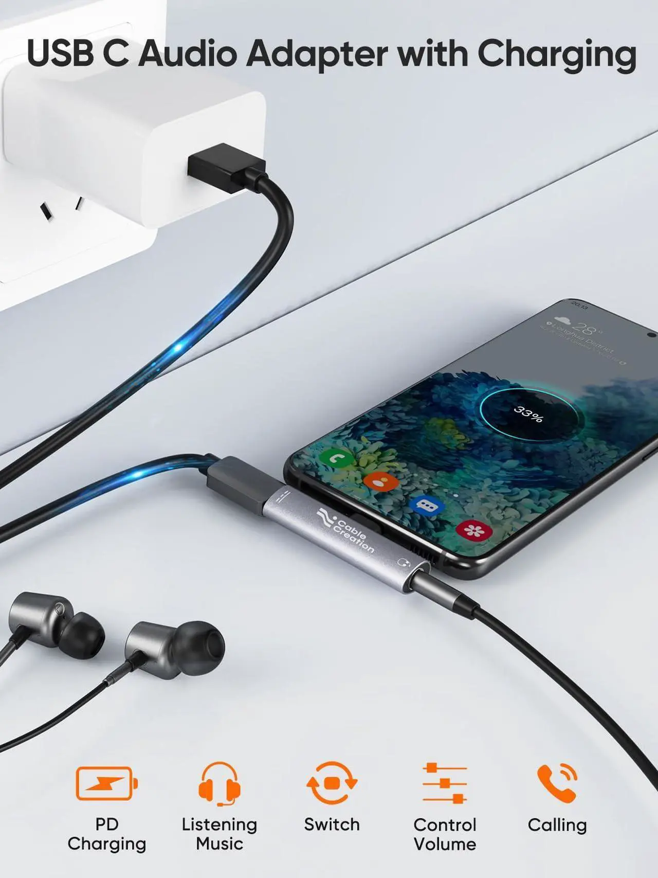 Alt view image 4 of 5 - CableCreation Bundle-2 Items USB C to 3.5mm Headphone and Charger Adapter, Aux Cable (10 Ft/3M)