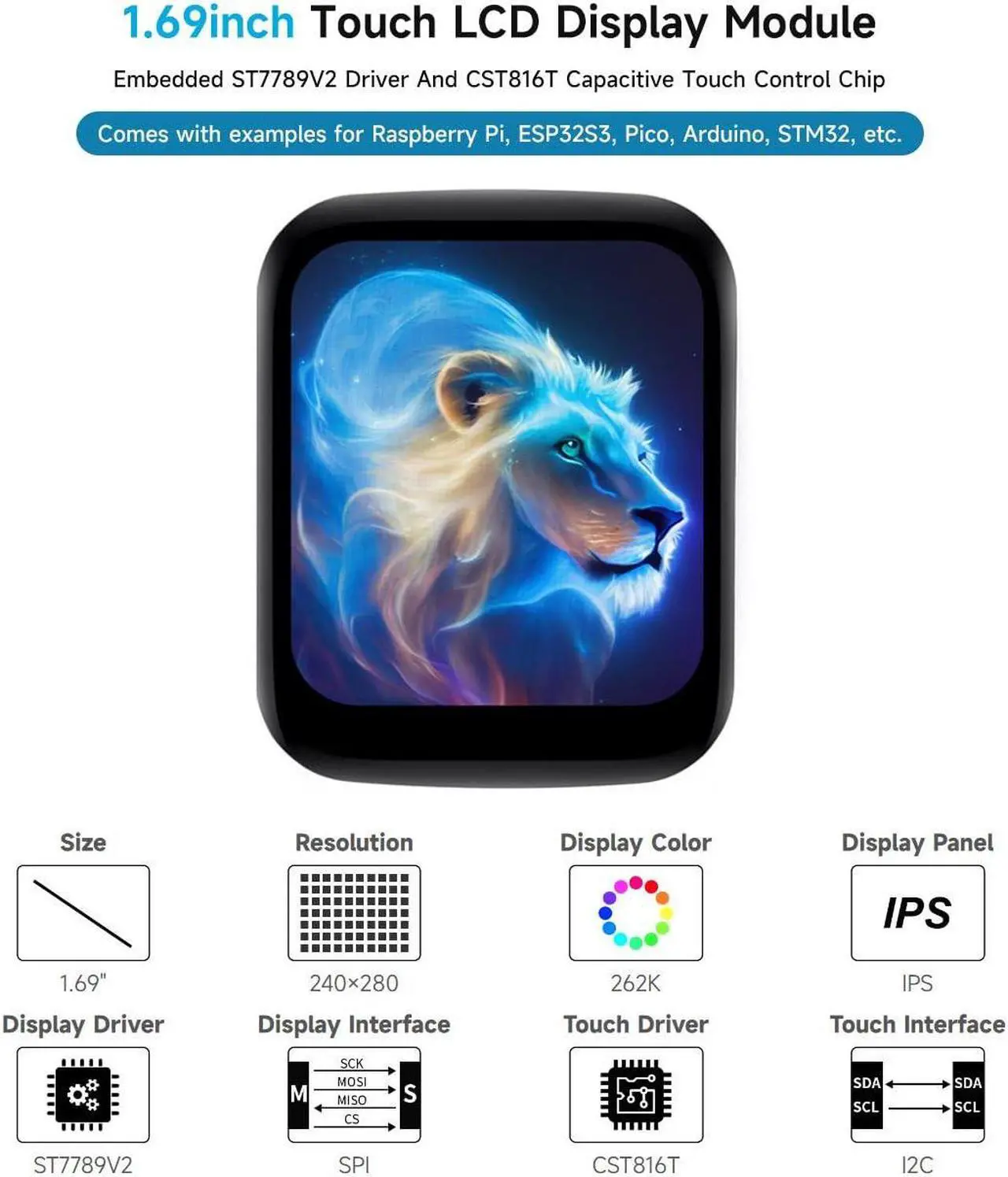 Alt view image 3 of 5 - waveshare 1.69inch Round LCD, Compatible with Raspberry Pi 5, Display Module with Touch Panel, Micro LCD Display, 240x280 Resolution, IPS, SPI and I2C Communication, 262K Display Color