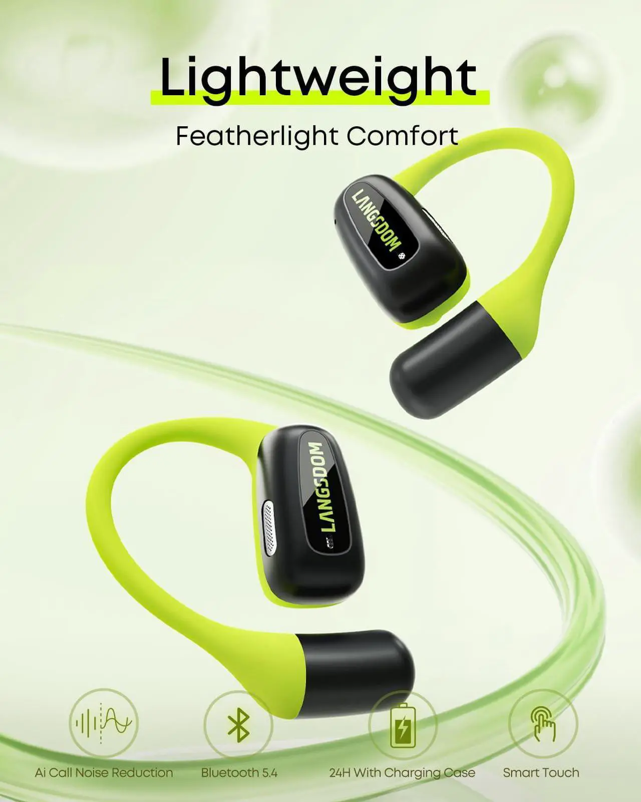 Alt view image 2 of 5 - Langsdom AirFit Open Ear Headphones, Bluetooth 5.4 Wireless Ear Hook Earbuds with Mic, 24H Battery Life Lightweight Comfort Earphones for Broadcasts Office Outdoor Sports