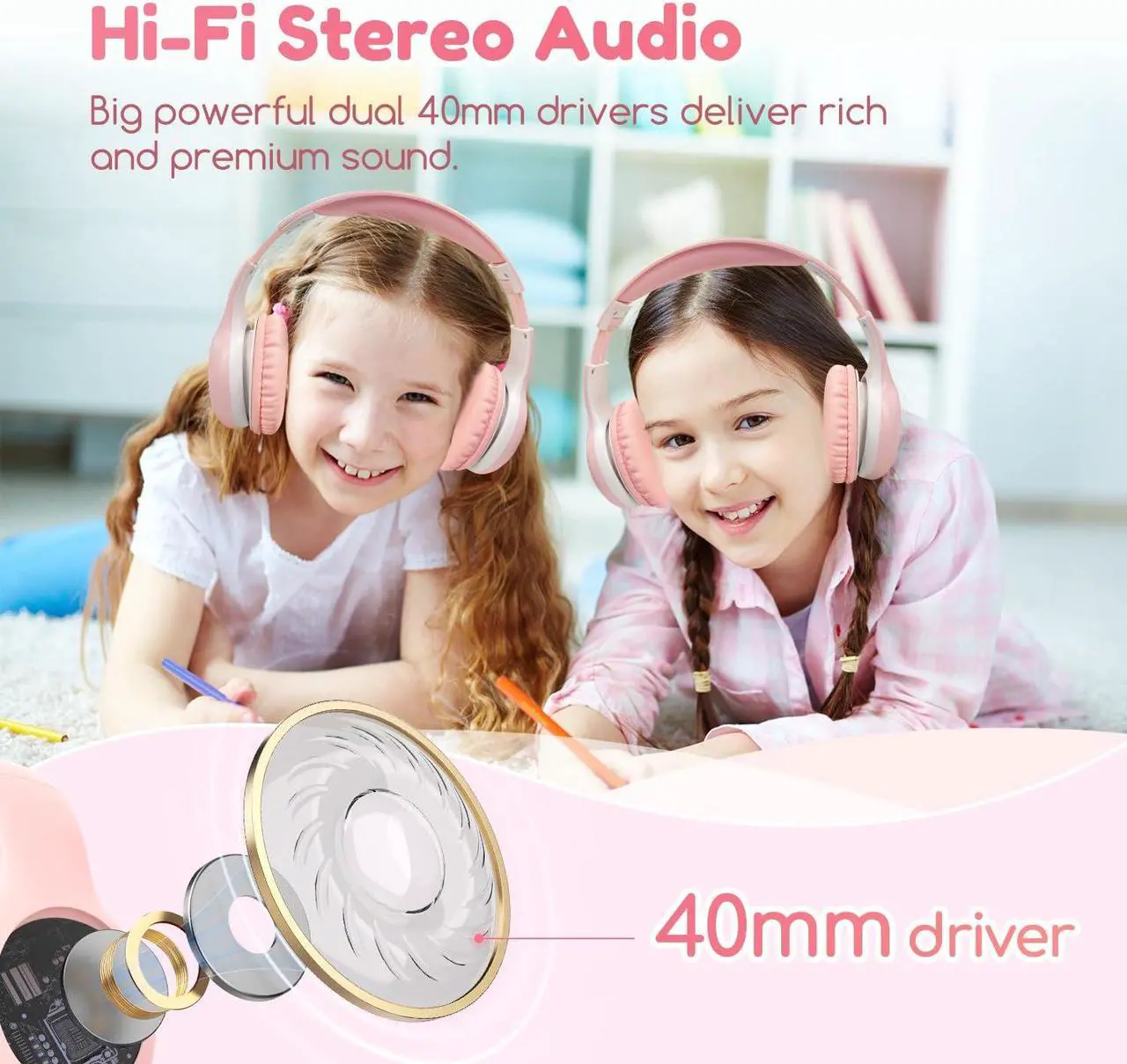 Alt view image 2 of 5 - EarFun K2 Kids Bluetooth Headphones, Kids Headphones with Volume Limited, 40H Playtime, Built-in Mic, Stereo Sound, Foldable Over-Ear Headphone for School/Travel/iPad/Tablet, Pink