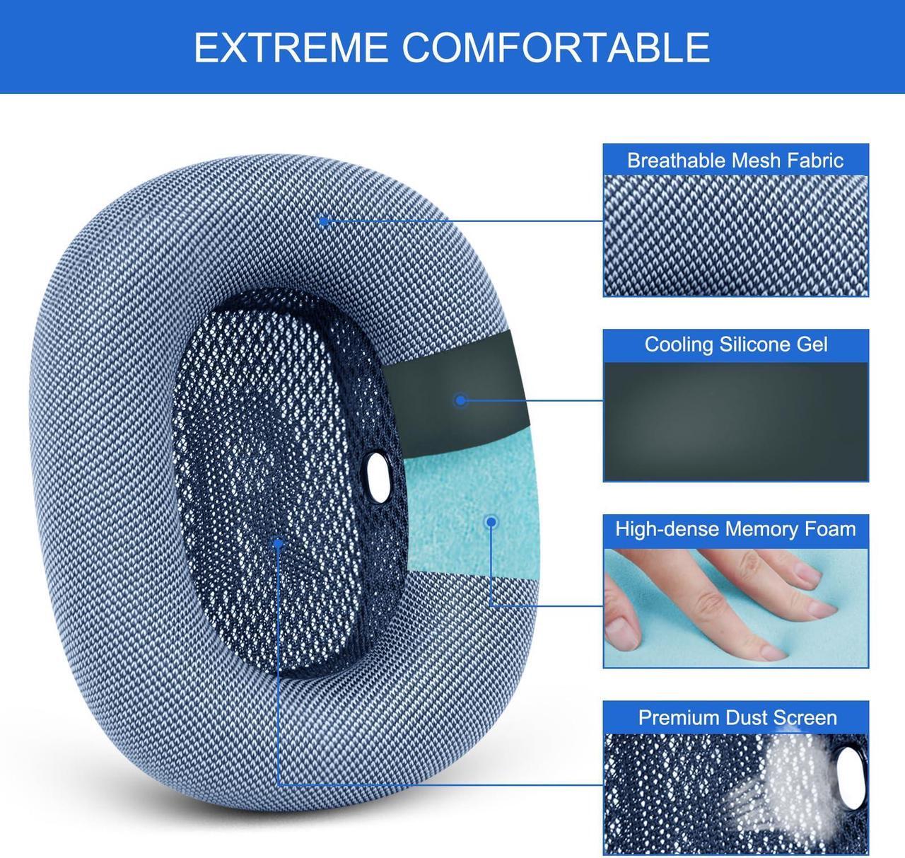 Alt view image 3 of 5 - Upgraded Ear Cushions for Apple AirPods Max, Mesh Fabric Ear Covers with Original Silicone Design Memory Foam for Airpods Max Headphones (Blue)