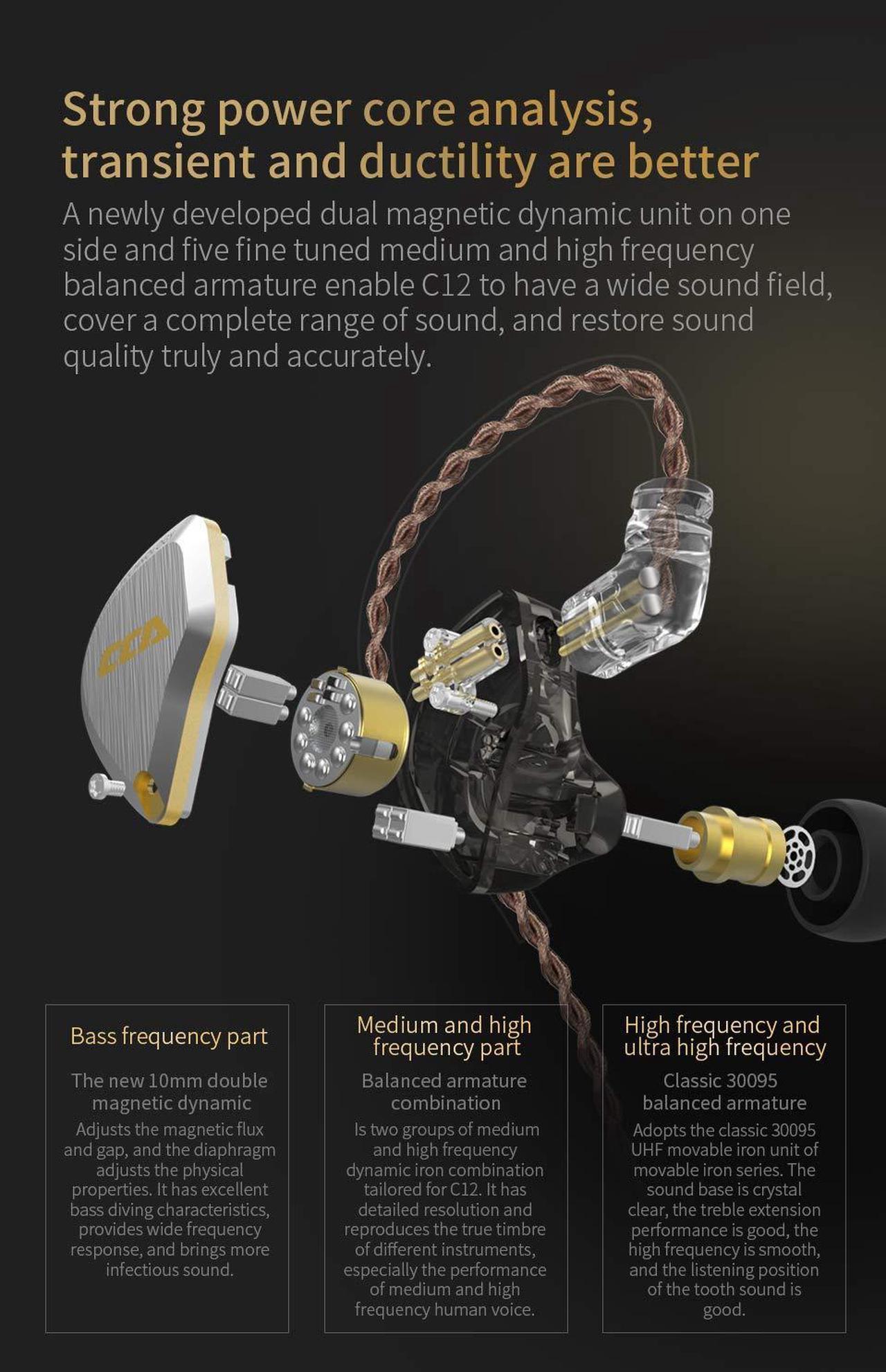 Alt view image 4 of 5 - CCA C12 5BA+1DD in Ear Monitor,HiFi Bass in Ear Earphone, IEM Wired Headphones, HiFi Stereo Sound Earphones Noise Cancelling Ear Buds with 6 Balanced Armature Drivers 0.75mm 2pins Cable(No Mic,Gold)