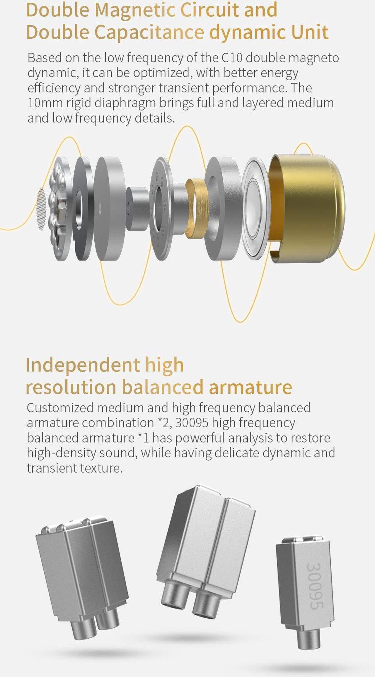 Alt view image 5 of 5 - CCA C12 5BA+1DD in Ear Monitor,HiFi Bass in Ear Earphone, IEM Wired Headphones, HiFi Stereo Sound Earphones Noise Cancelling Ear Buds with 6 Balanced Armature Drivers 0.75mm 2pins Cable(No Mic,Gold)