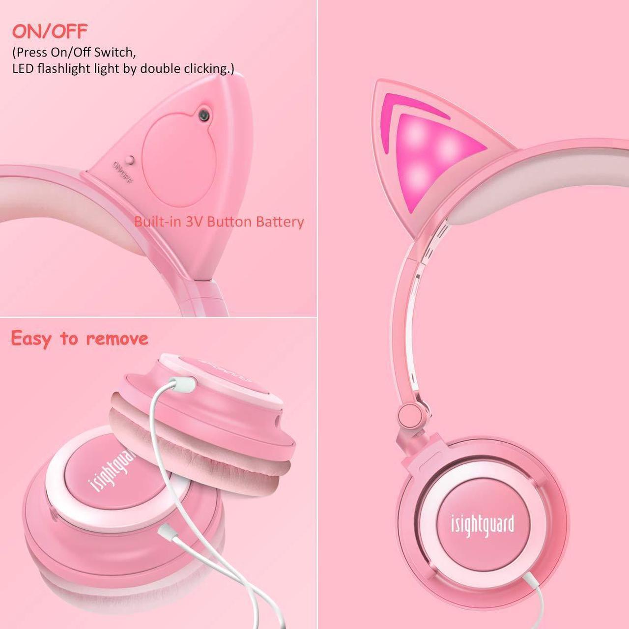 Alt view image 5 of 5 - isightguard Kids Headphones, Wired Headphones On Ear, Cat Ear Headphones with LED for Girls, 3.5mm Audio Jack for Cell Phone (Peach)