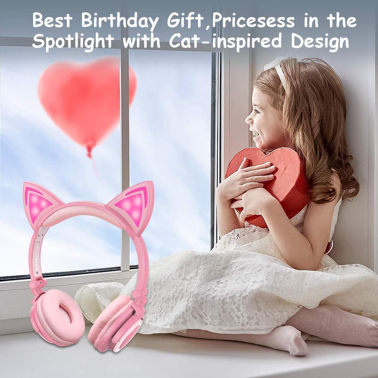 Alt view image 4 of 5 - isightguard Kids Headphones, Wired Headphones On Ear, Cat Ear Headphones with LED for Girls, 3.5mm Audio Jack for Cell Phone (Peach)