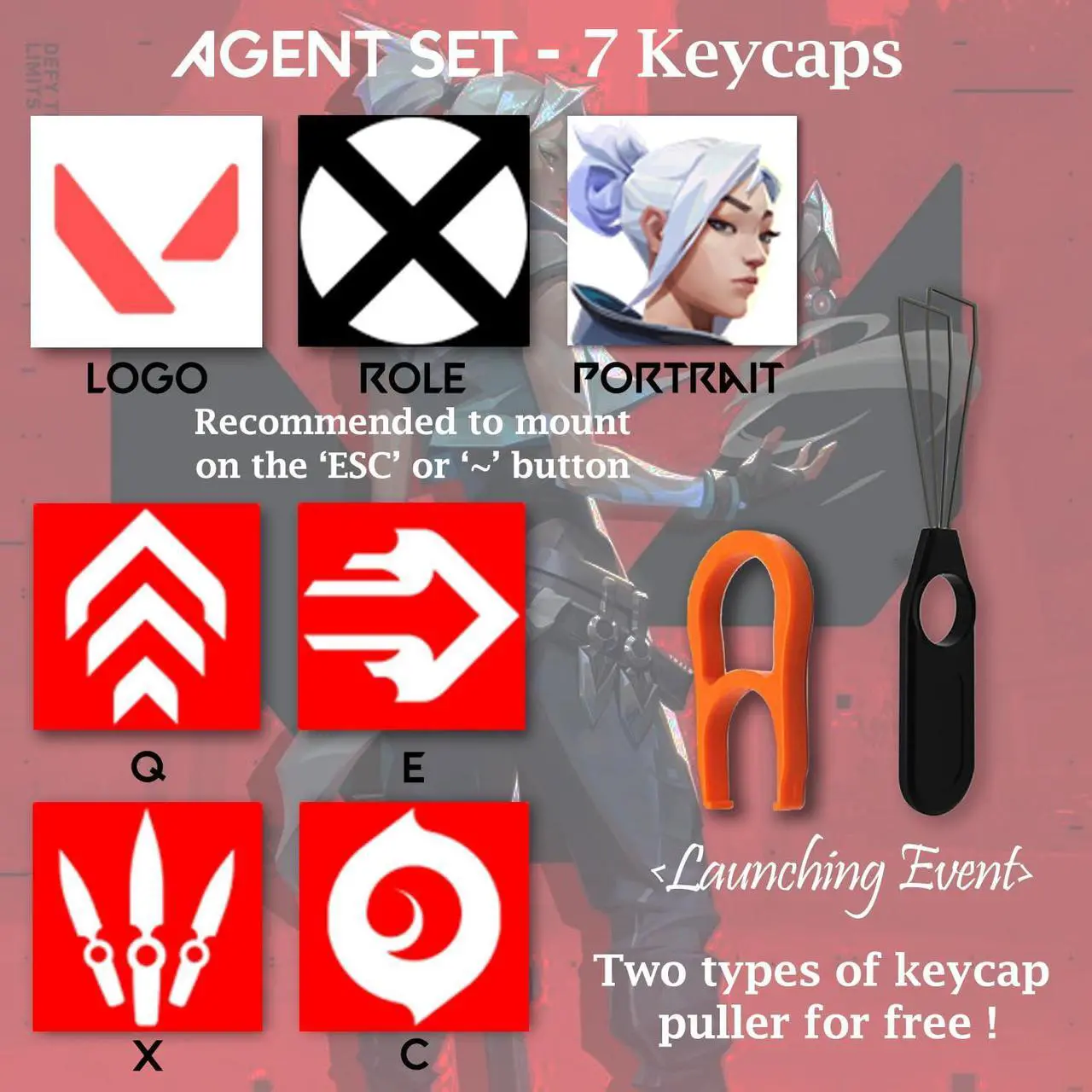 Alt view image 2 of 5 - Valorant Custom Keycaps (Agent Harbor) - Laser Engraved Agent Portrait, Skills, and Position - Fits Any Mechanical Keyboard - Gift for Gamers, Adults, and Teens