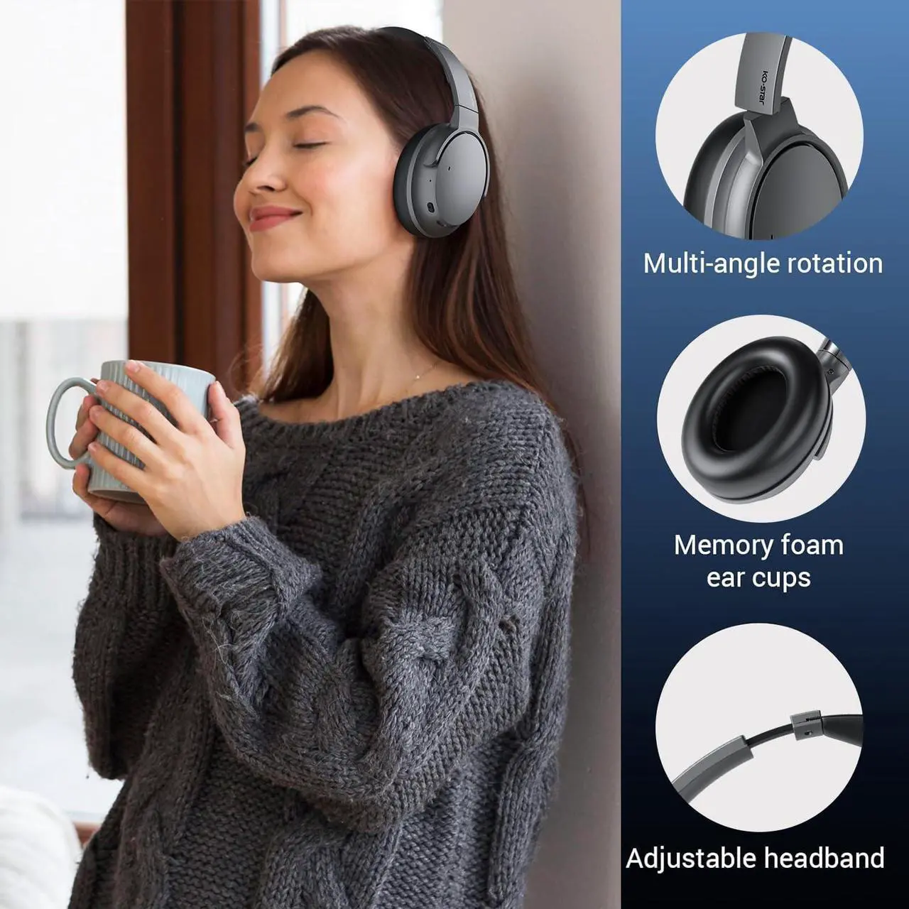 Alt view image 4 of 5 - Hybrid Active Noise Cancelling Headphones with Microphone,ANC Wireless Over Ear Bluetooth Headphones, Hi-Res Audio Custom with 4 EQ Deep Bass, Memory Foam Ear Cups, Quick Charge 60H HiFi Playtime