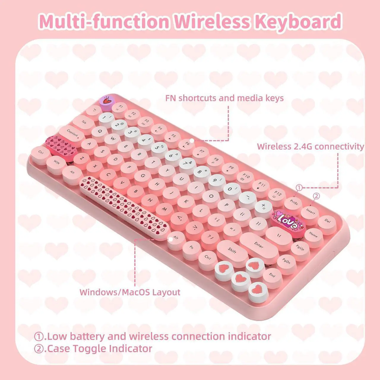 Alt view image 2 of 5 - LexonElec 308i Pink Wireless Keyboard and Mouse Set, Retro Typewriter with Cute Gradient Round Keycaps, soft touch keyboard, for Mac/Windows/PC/Lapto